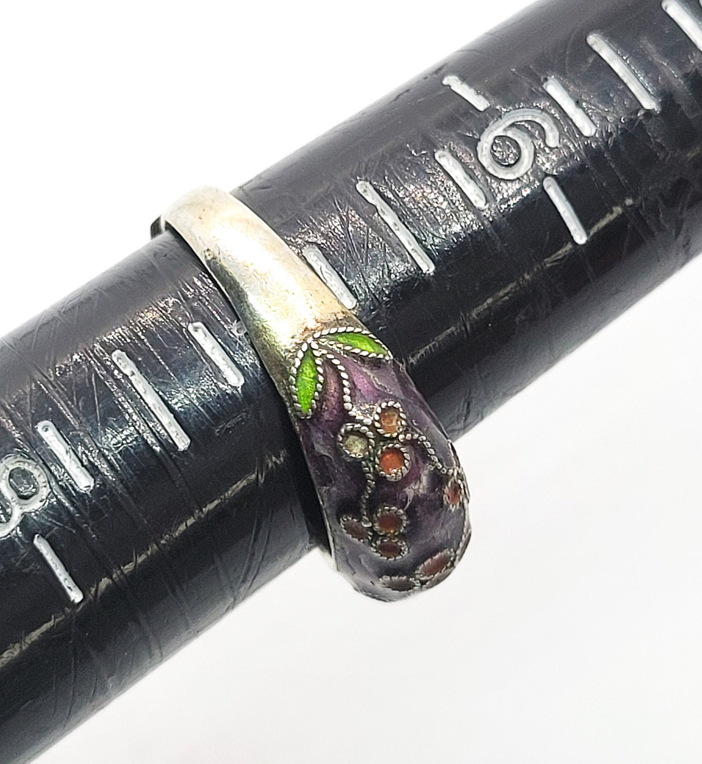 Chinese Export purple enamel and red flower vermeil gold over sterling vintage ring