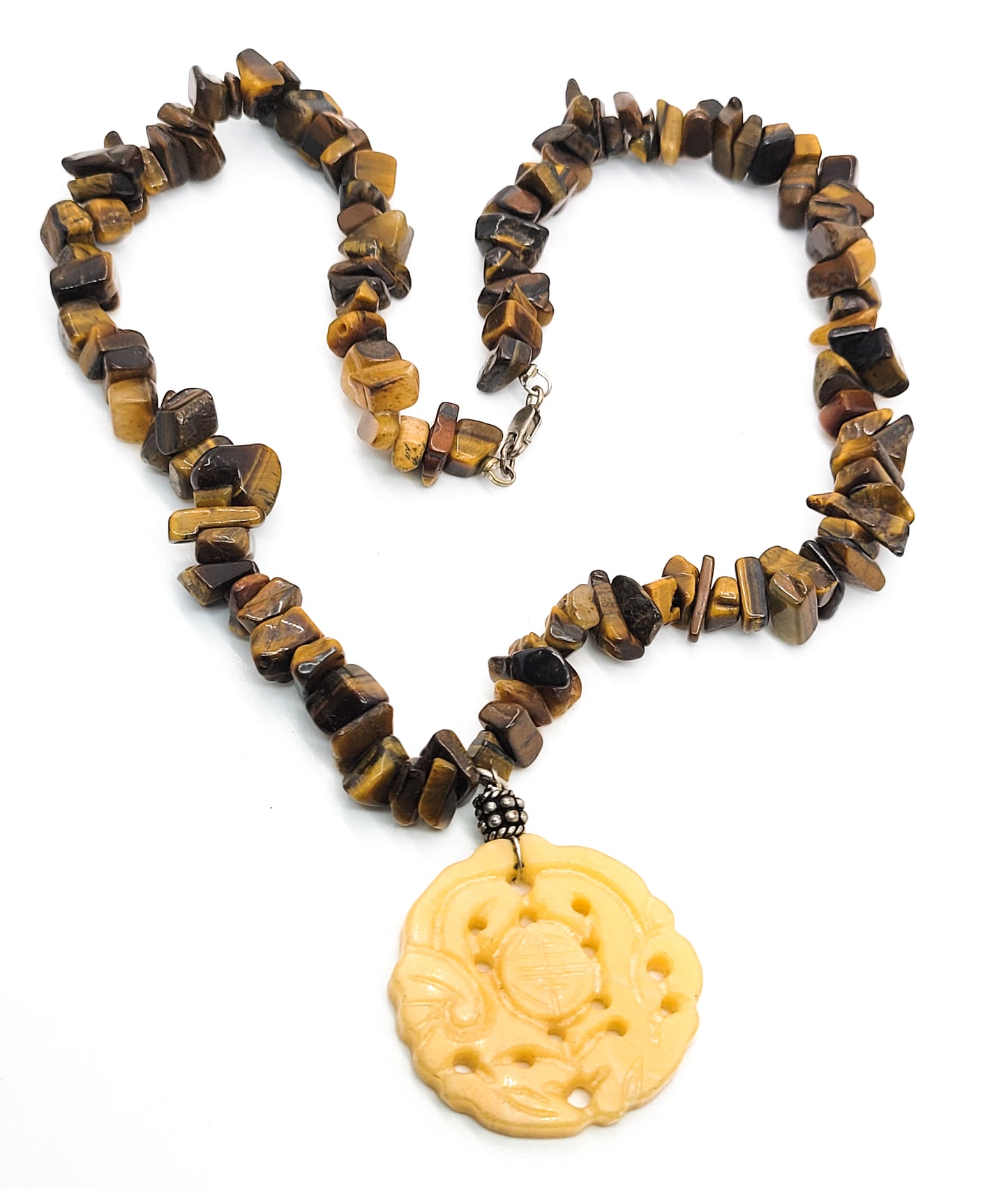Double Dragon carved light honey Jadeite sterling silver tiger's eye chip necklace