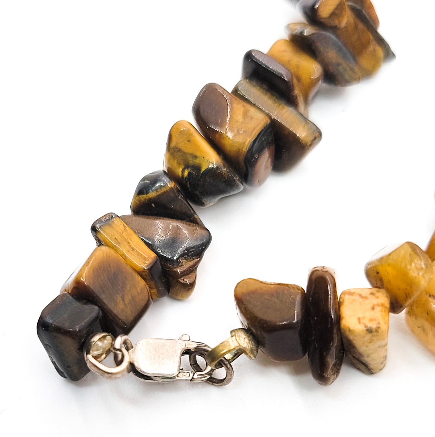 Double Dragon carved light honey Jadeite sterling silver tiger's eye chip necklace