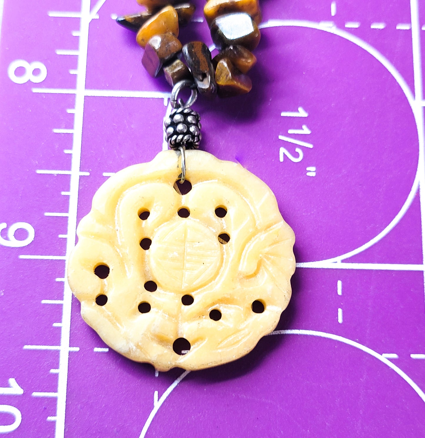 Double Dragon carved light honey Jadeite sterling silver tiger's eye chip necklace