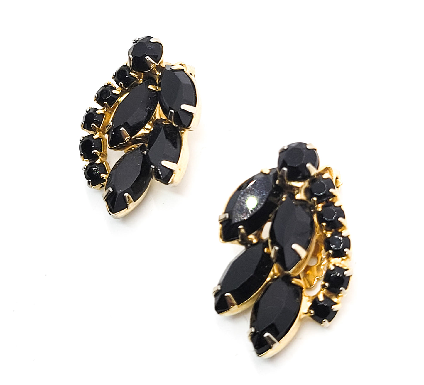 Black and gold prong set vintage Navette cut rhinestone clip on earrings