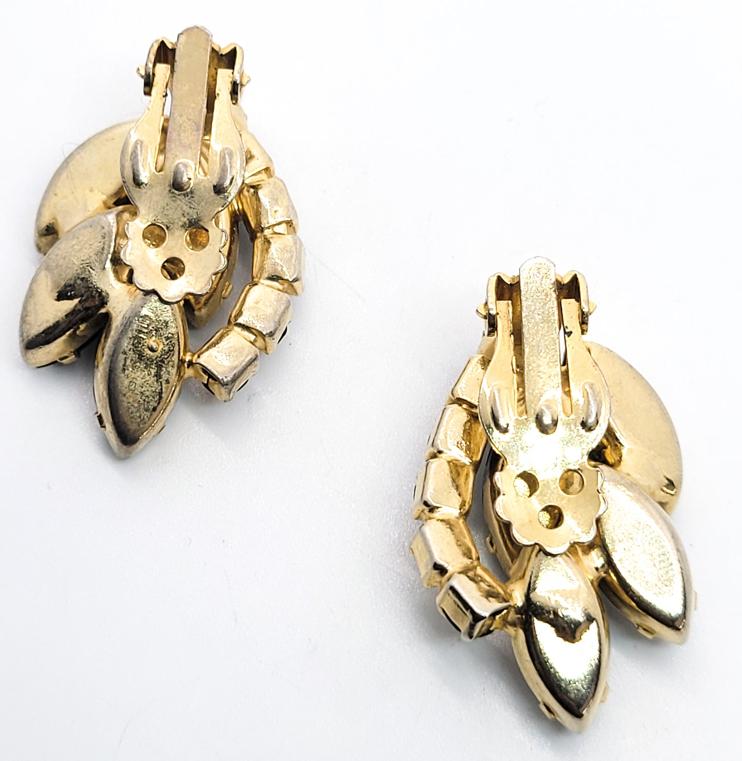 Black and gold prong set vintage Navette cut rhinestone clip on earrings