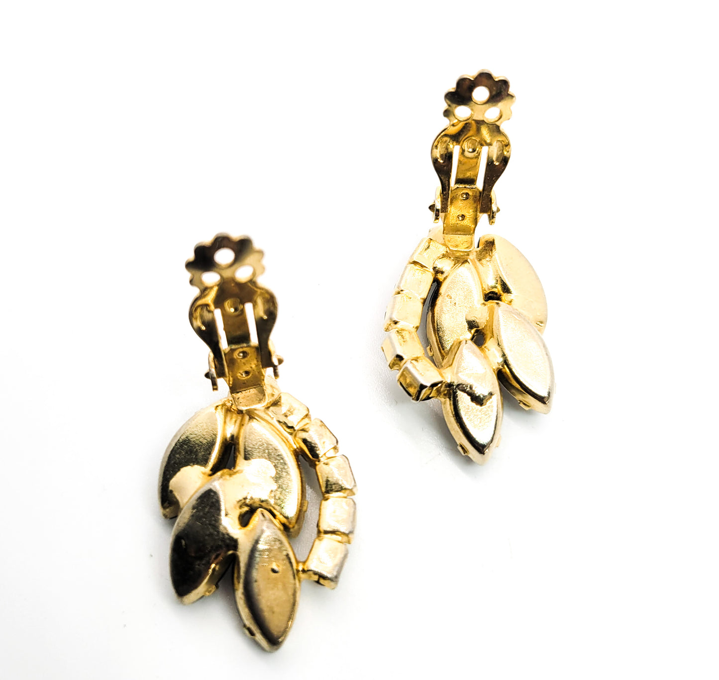 Black and gold prong set vintage Navette cut rhinestone clip on earrings