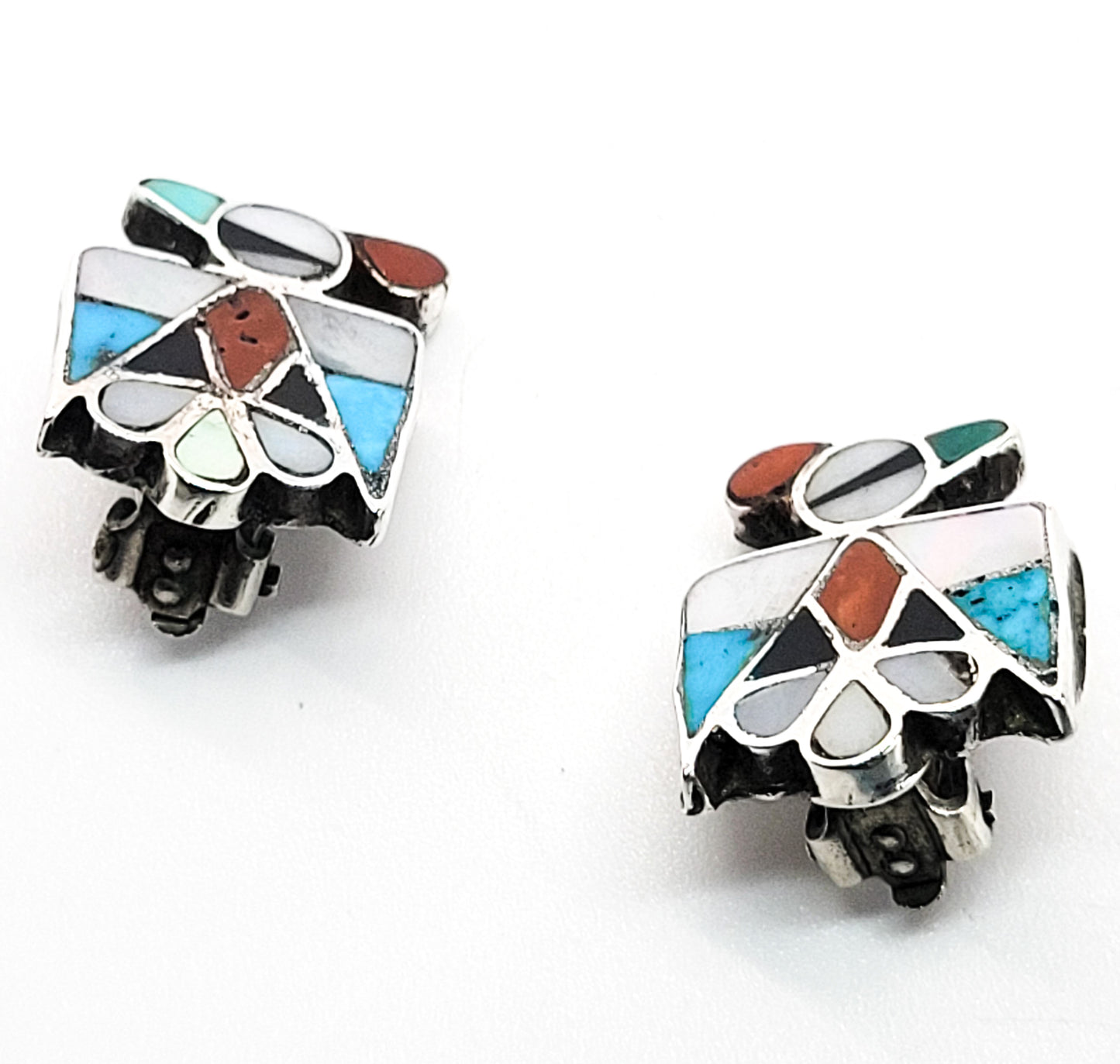 Thunderbird Zuni Native American NA sterling silver inlay vintage clip on earrings
