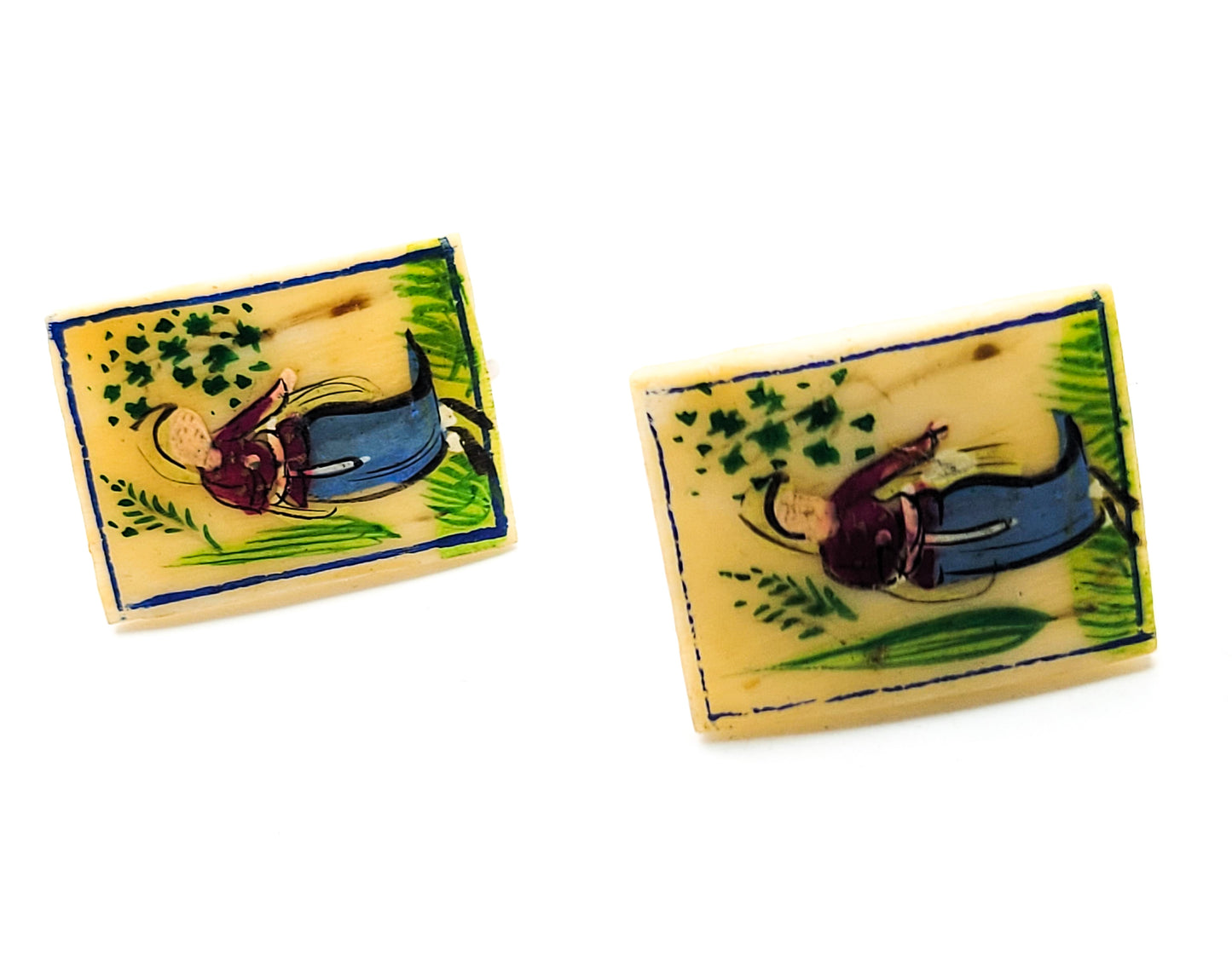 Chinese scrimshaw garden painted vintage bone screw back earrings