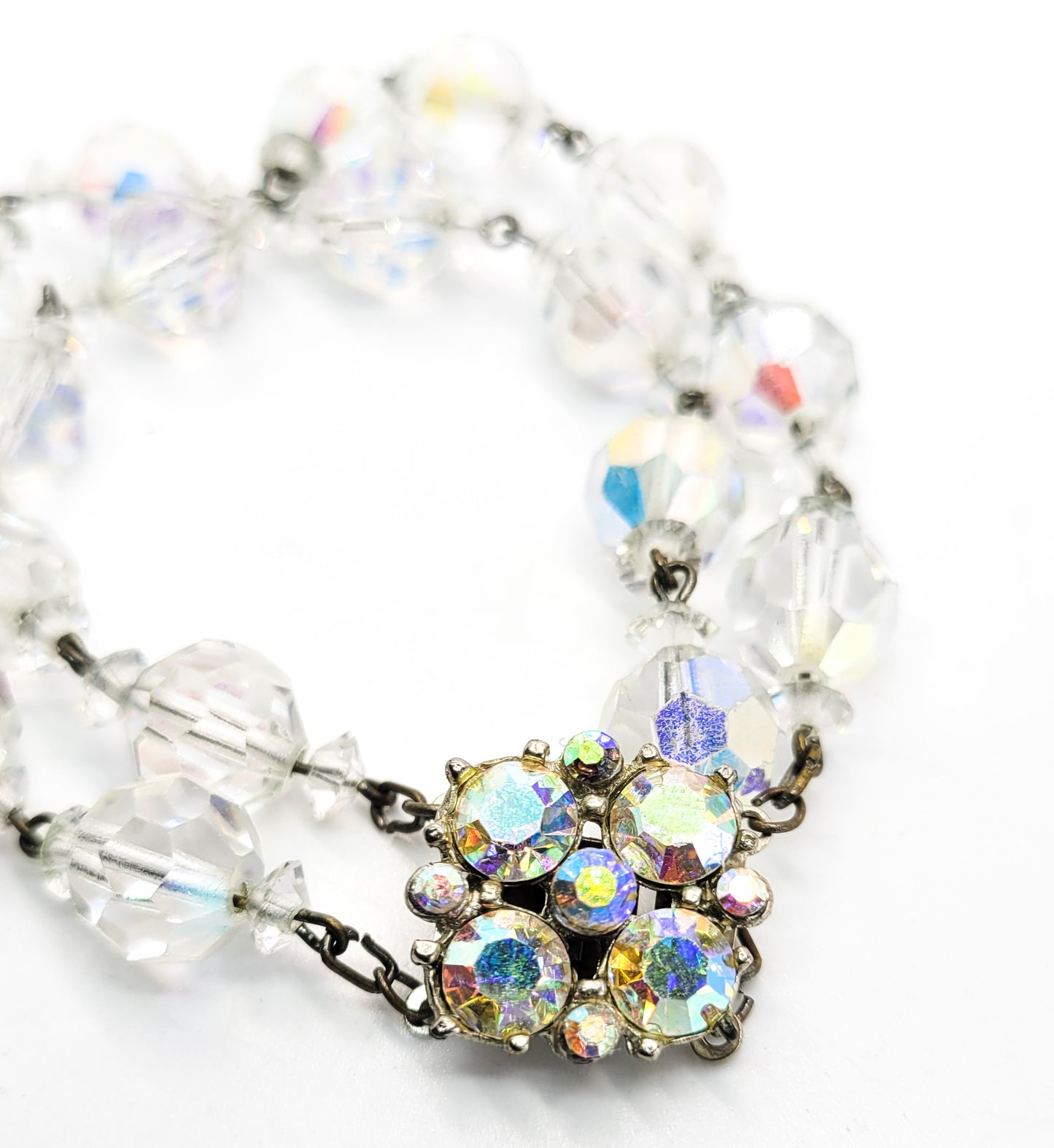 Double row Austrian AB crystal beaded vintage rhinestone mid century bracelet