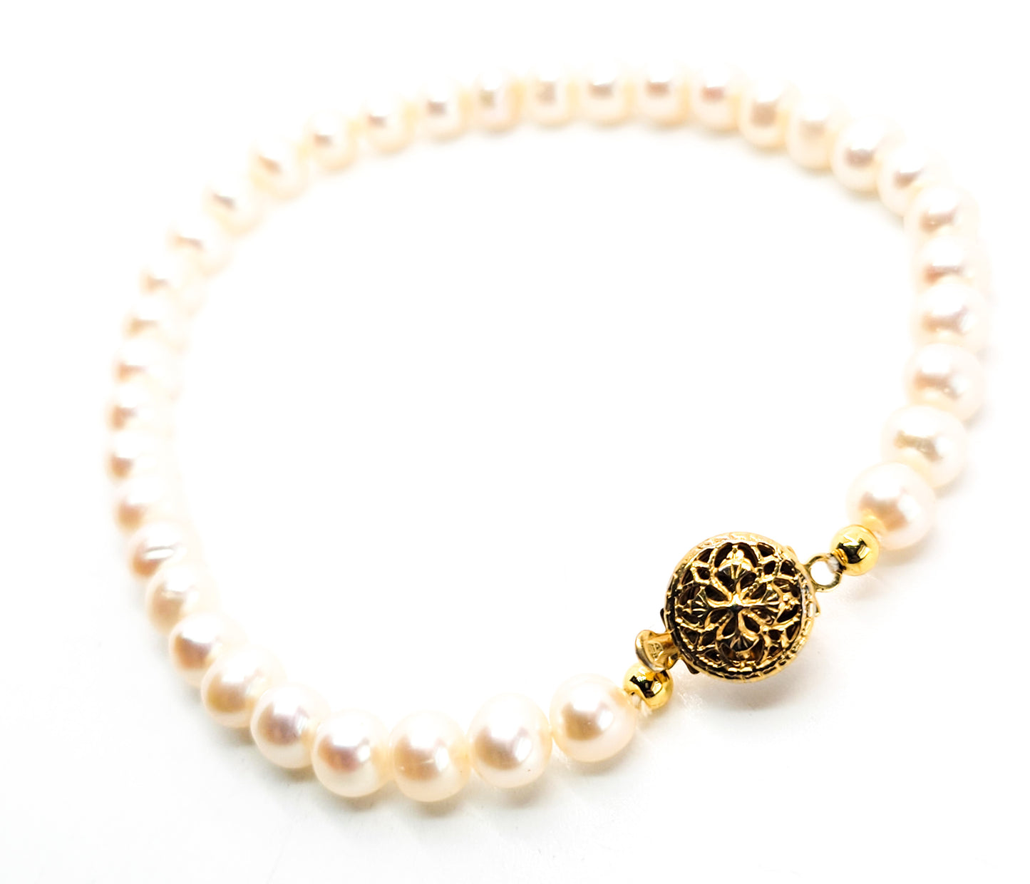 Cream natural 6mm freshwater pearl single strand vintage tennis bracelet gold toned