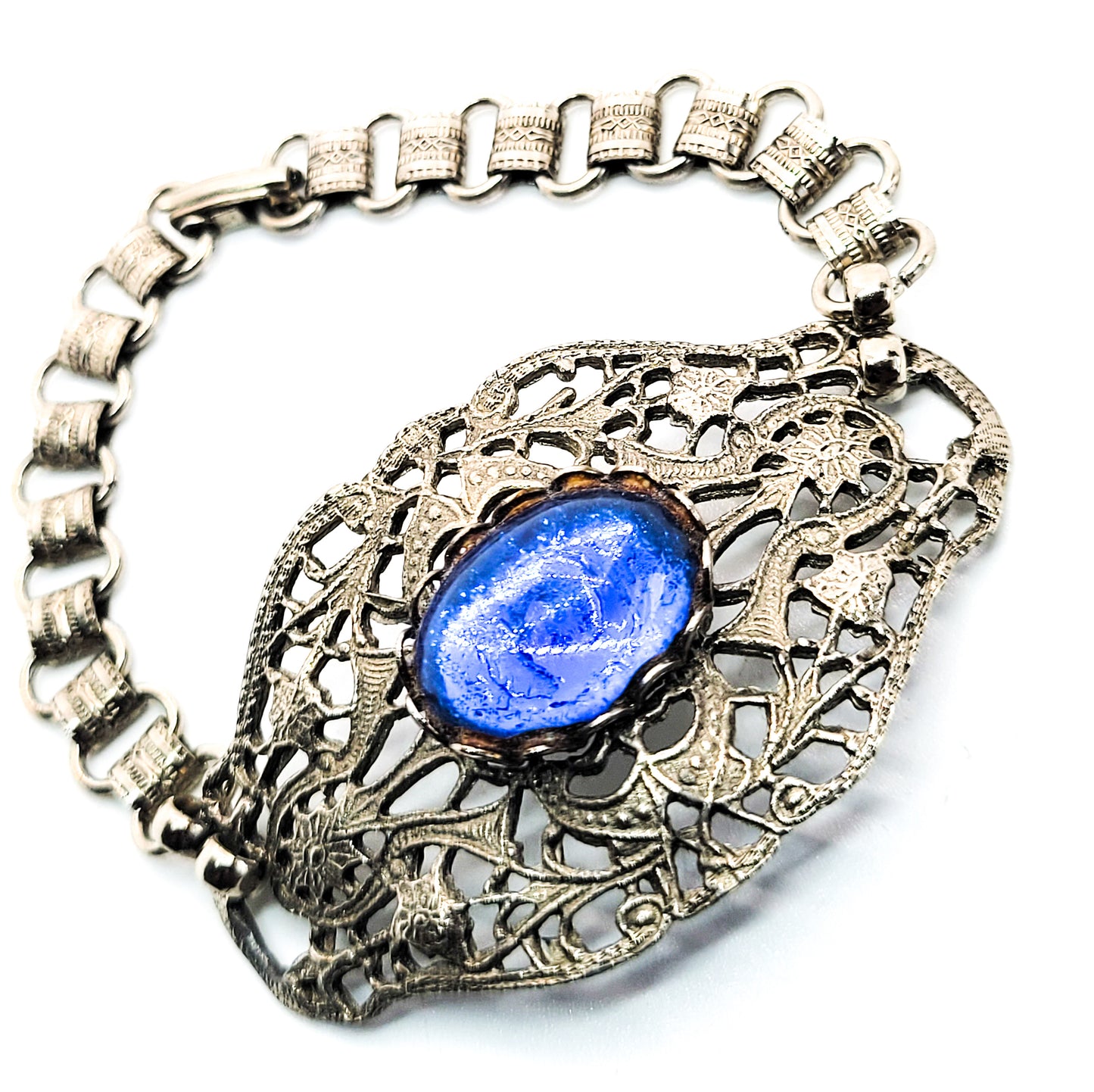 Blue glass vintage silver toned book chain pressed filigree bracelet