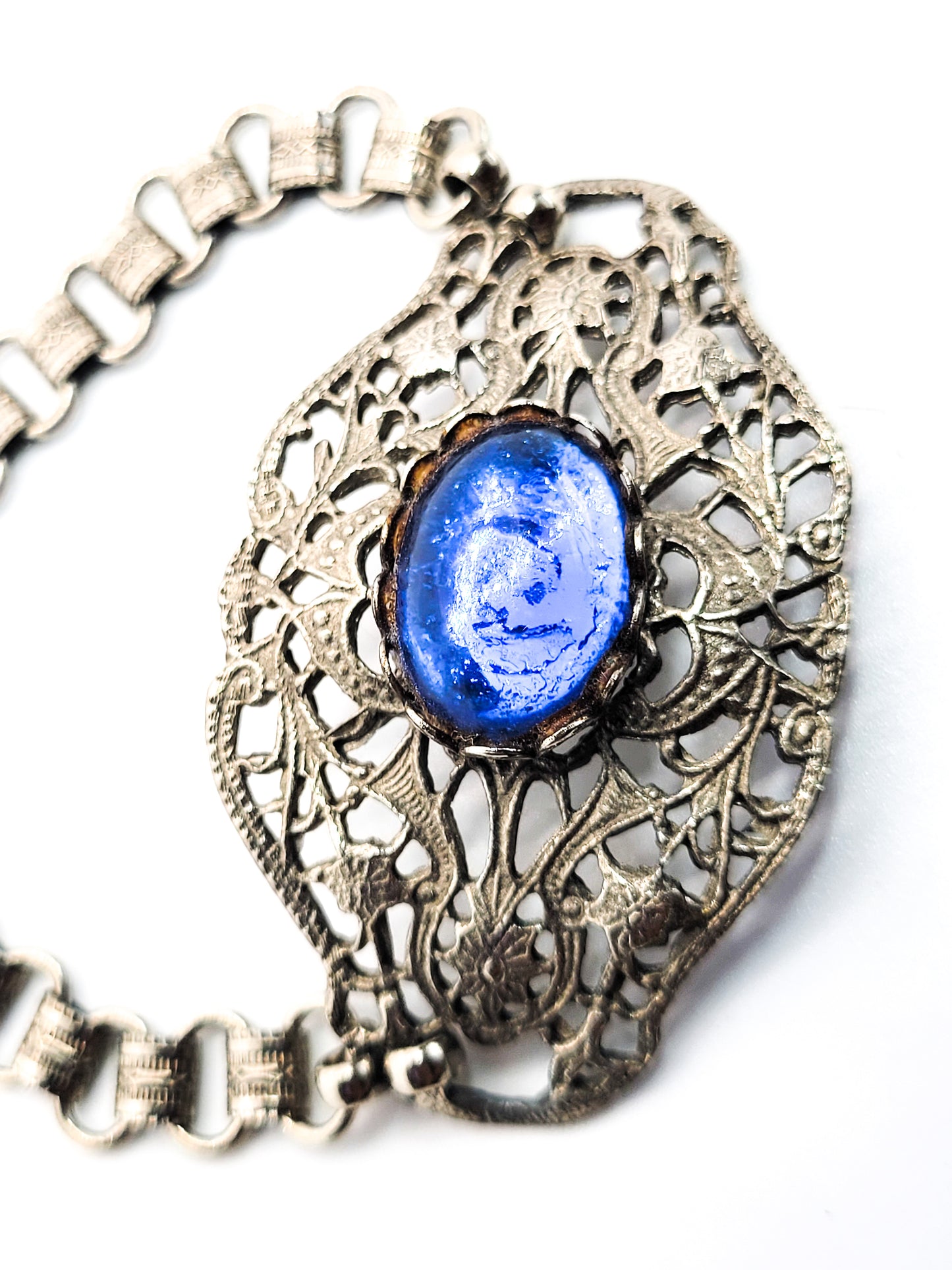 Blue glass vintage silver toned book chain pressed filigree bracelet