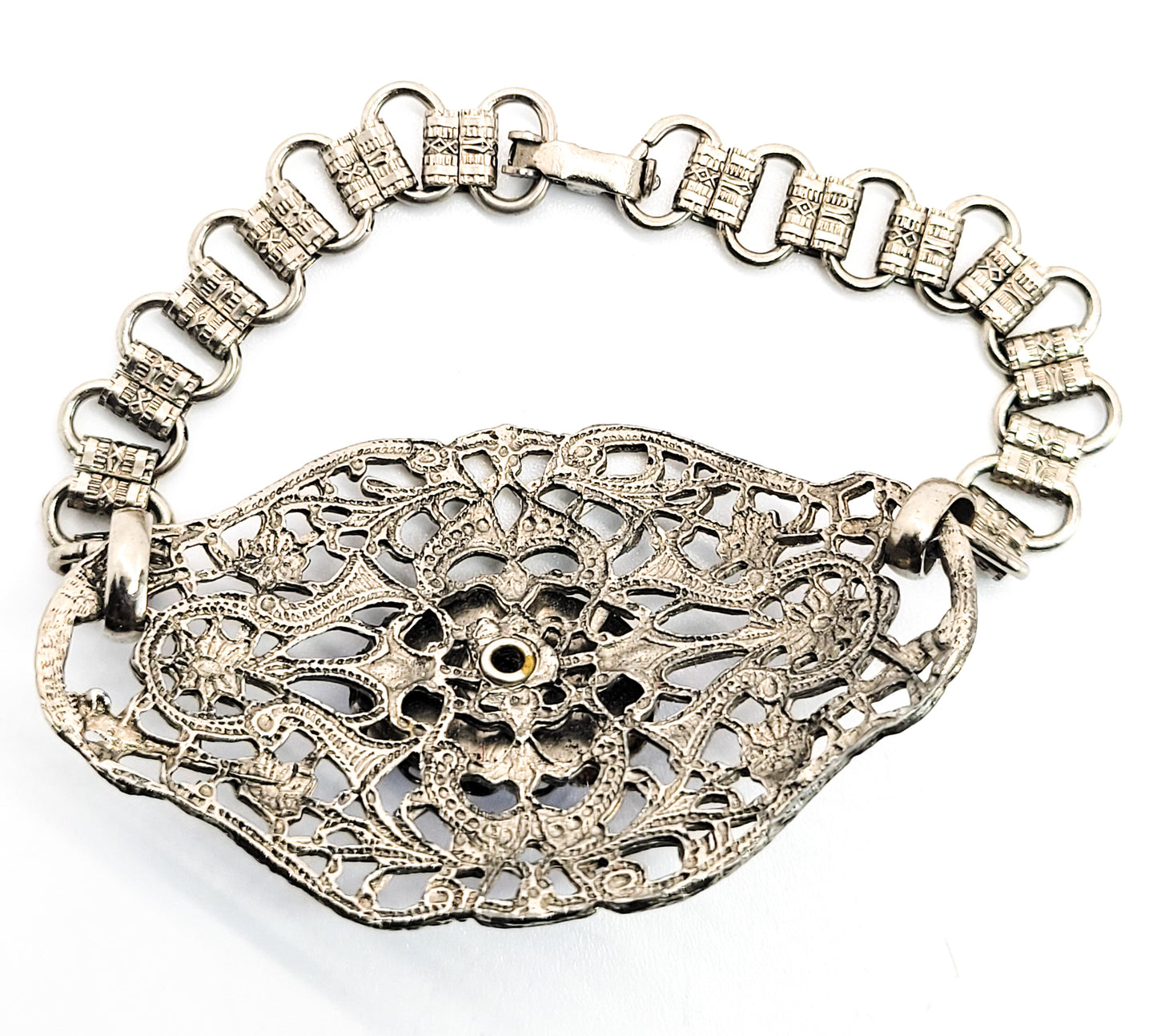 Blue glass vintage silver toned book chain pressed filigree bracelet