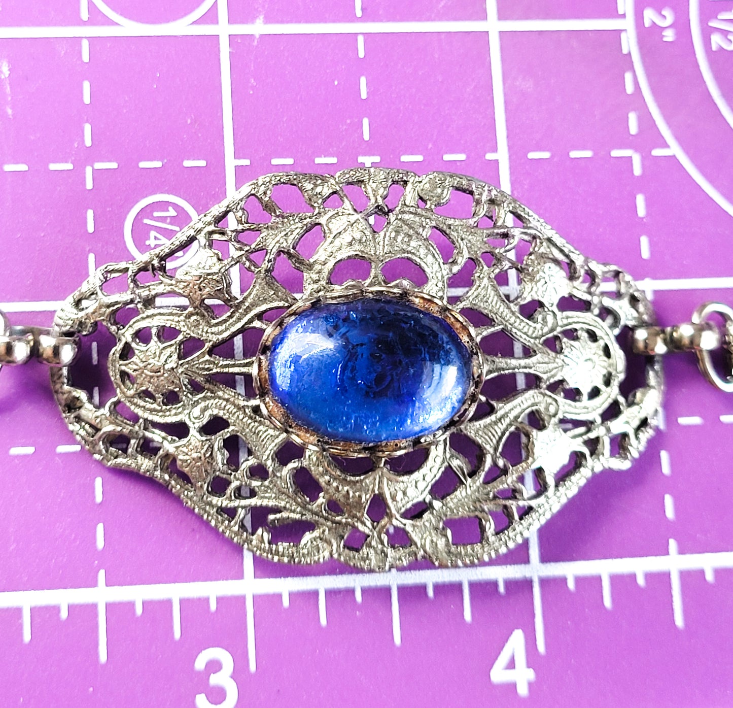 Blue glass vintage silver toned book chain pressed filigree bracelet
