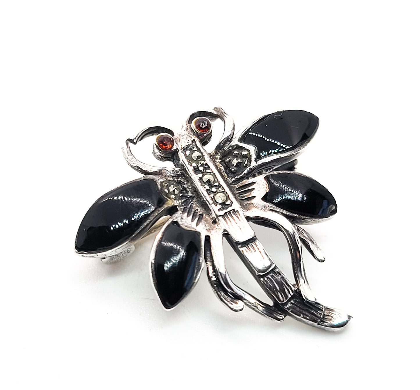 Dragonfly black onyx and marcasite sterling silver brooch with red eyes