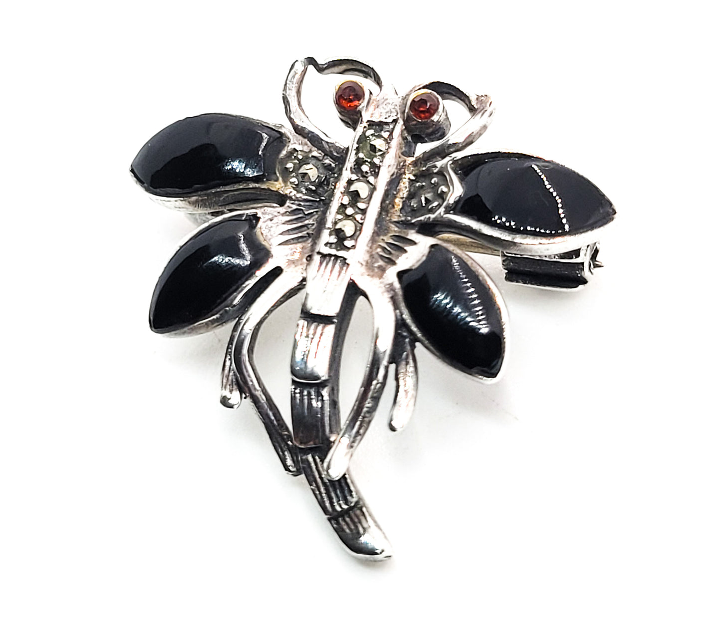 Dragonfly black onyx and marcasite sterling silver brooch with red eyes