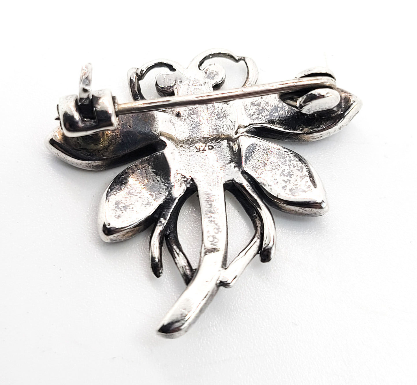 Dragonfly black onyx and marcasite sterling silver brooch with red eyes
