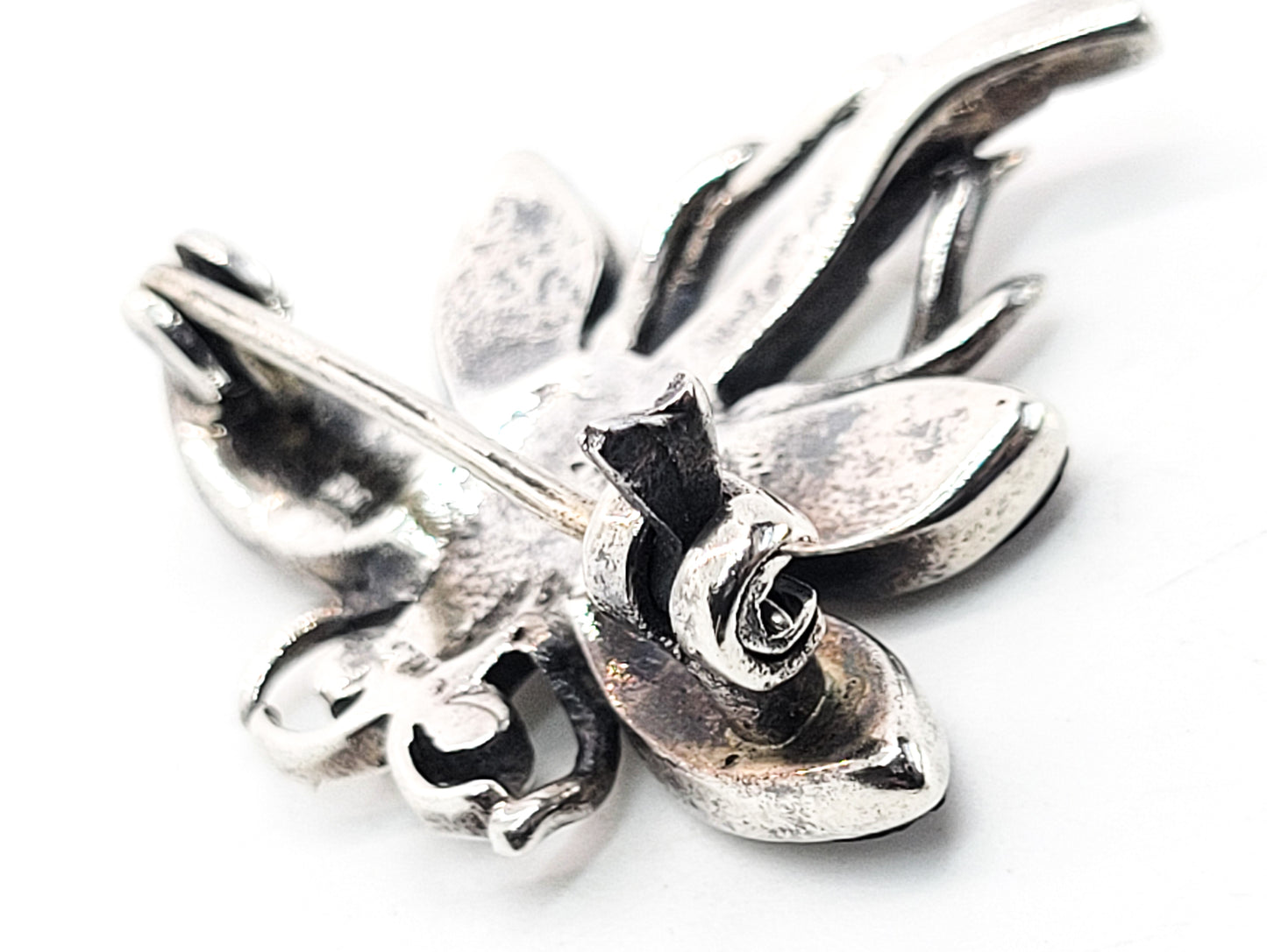 Dragonfly black onyx and marcasite sterling silver brooch with red eyes
