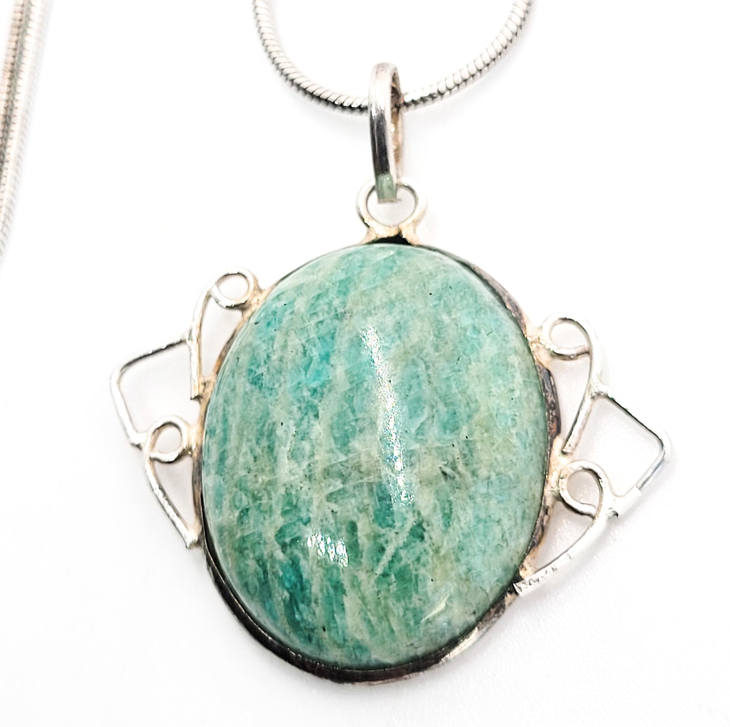 Amazonite vintage bright blue banded filigree sterling silver necklace