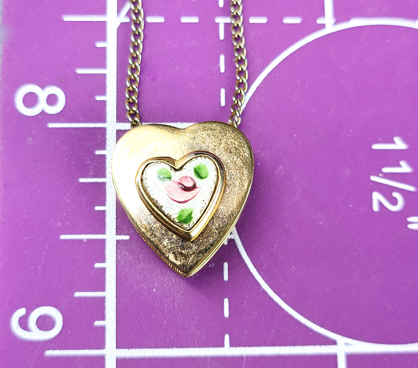 Pink Guilloche enamel rose gold toned vintage slide pendant necklace