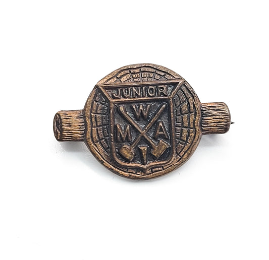 Junior Modern Woodman of America vintage wood and axe pin brooch WMA