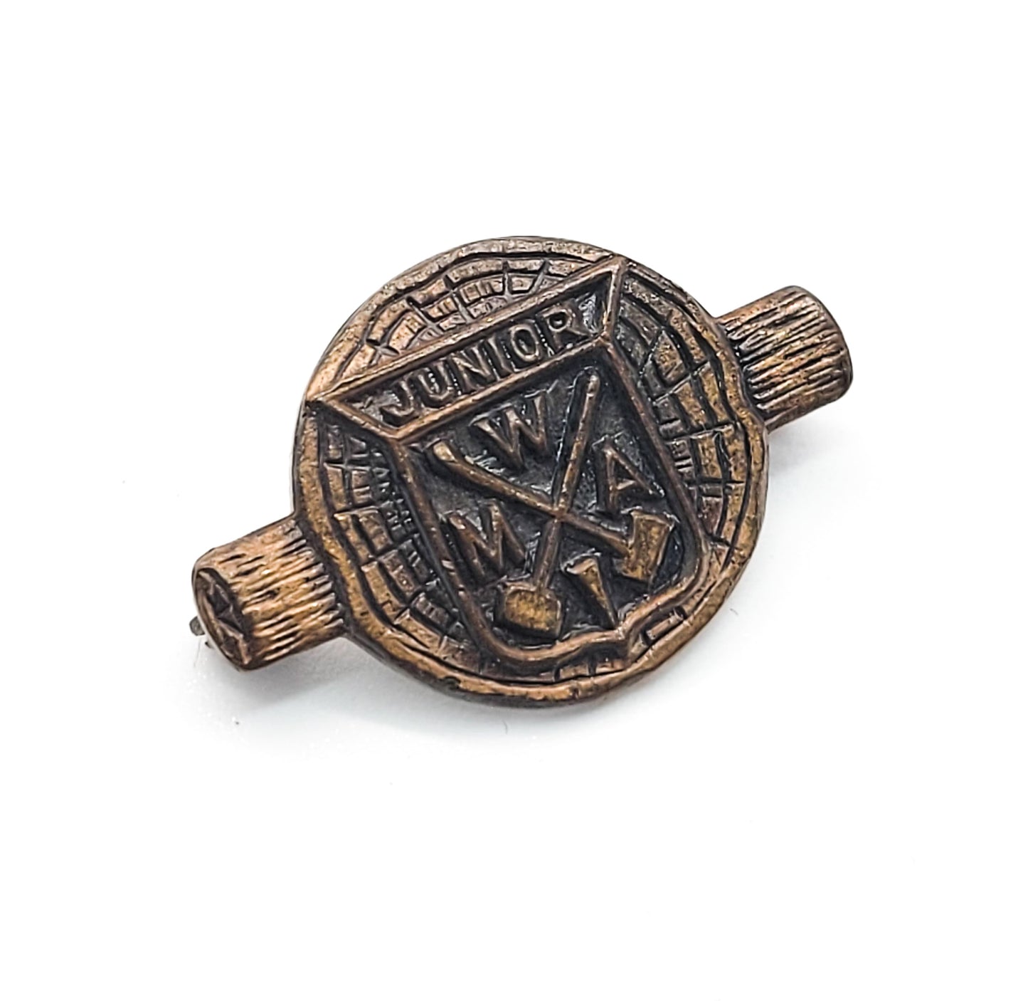 Junior Modern Woodman of America vintage wood and axe pin brooch WMA