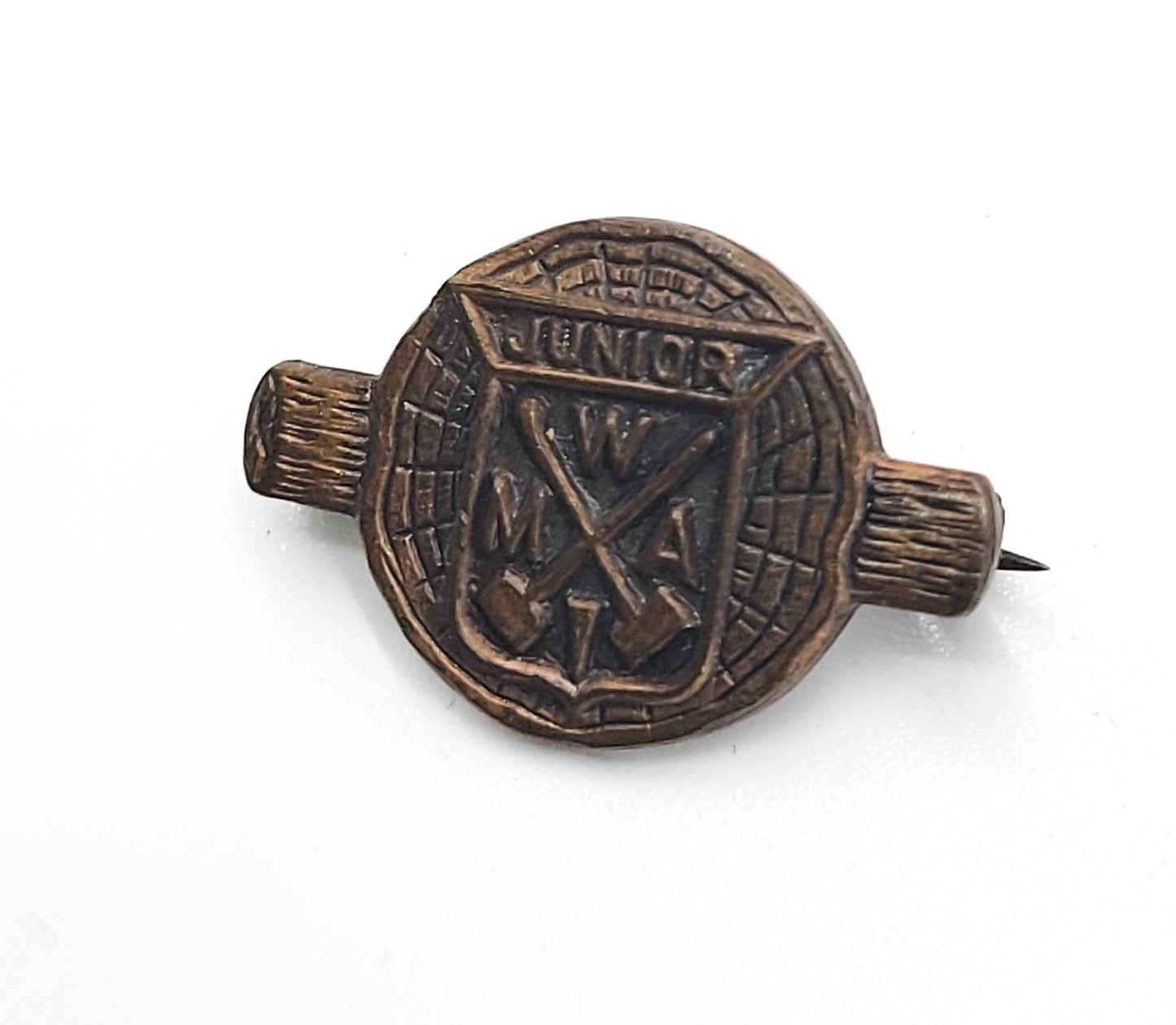 Junior Modern Woodman of America vintage wood and axe pin brooch WMA