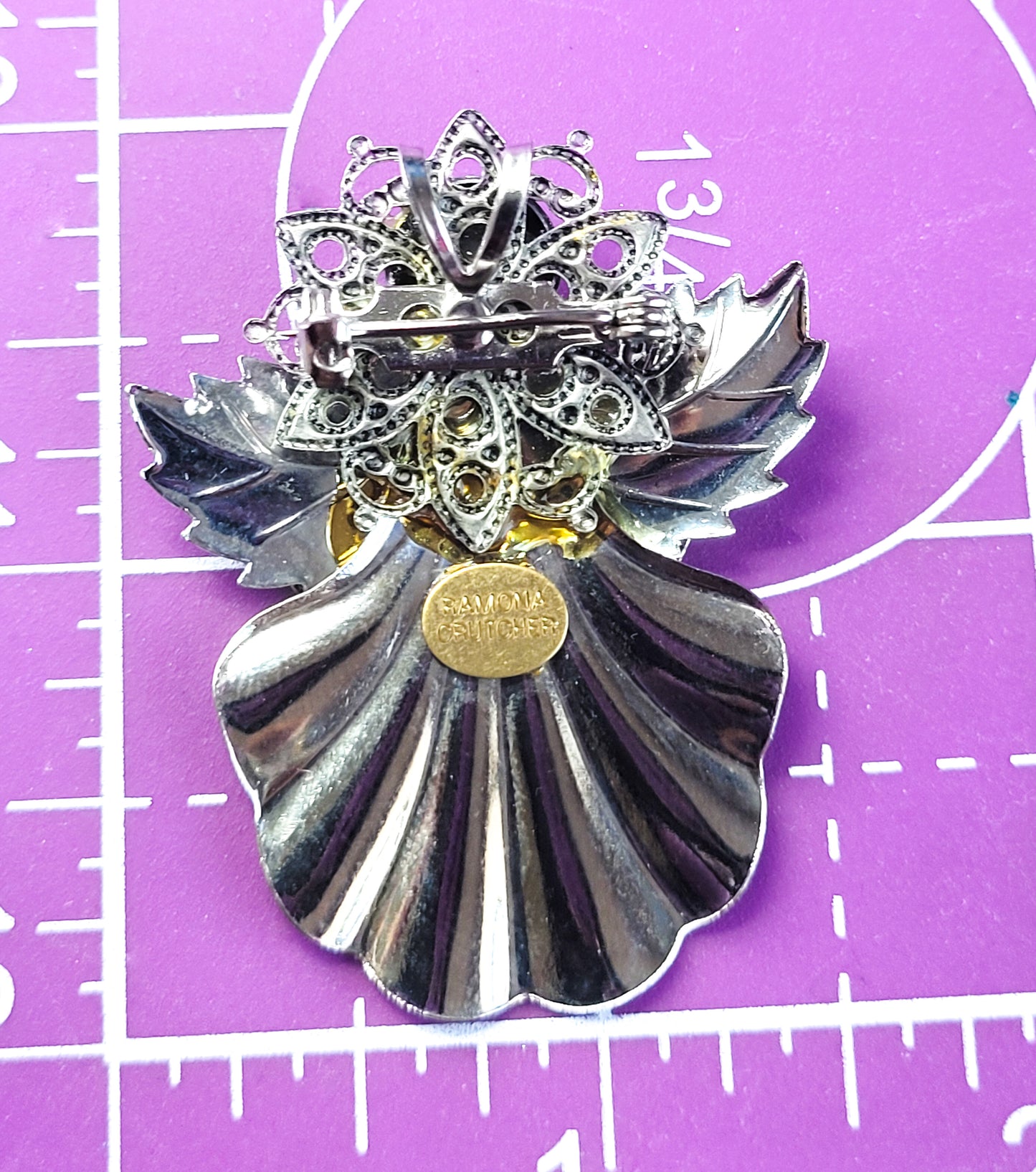 Ramona Crutcher silver toned vintage angel pendant brooch