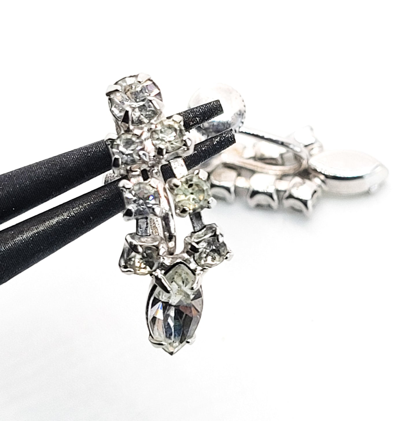 Vintage clear Navette rhinestone drop retro screw back earrings