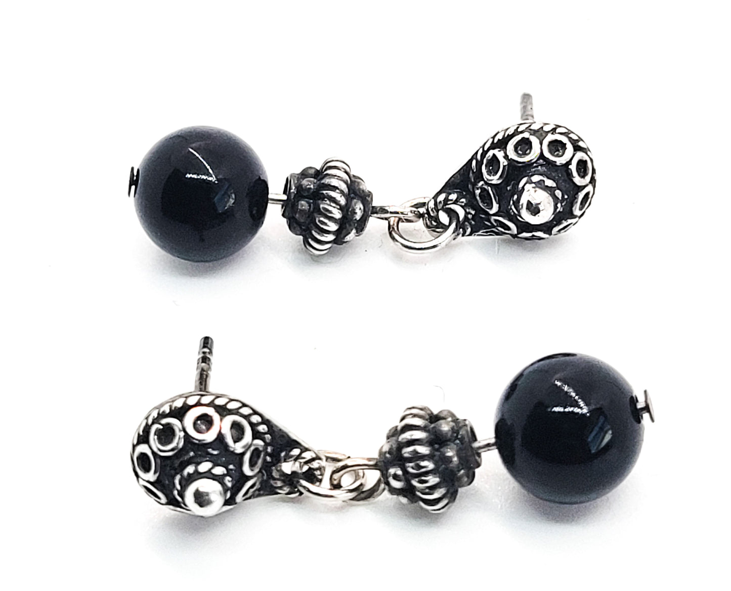 Black onyx sterling silver Balinese tribal vintage beaded drop earings