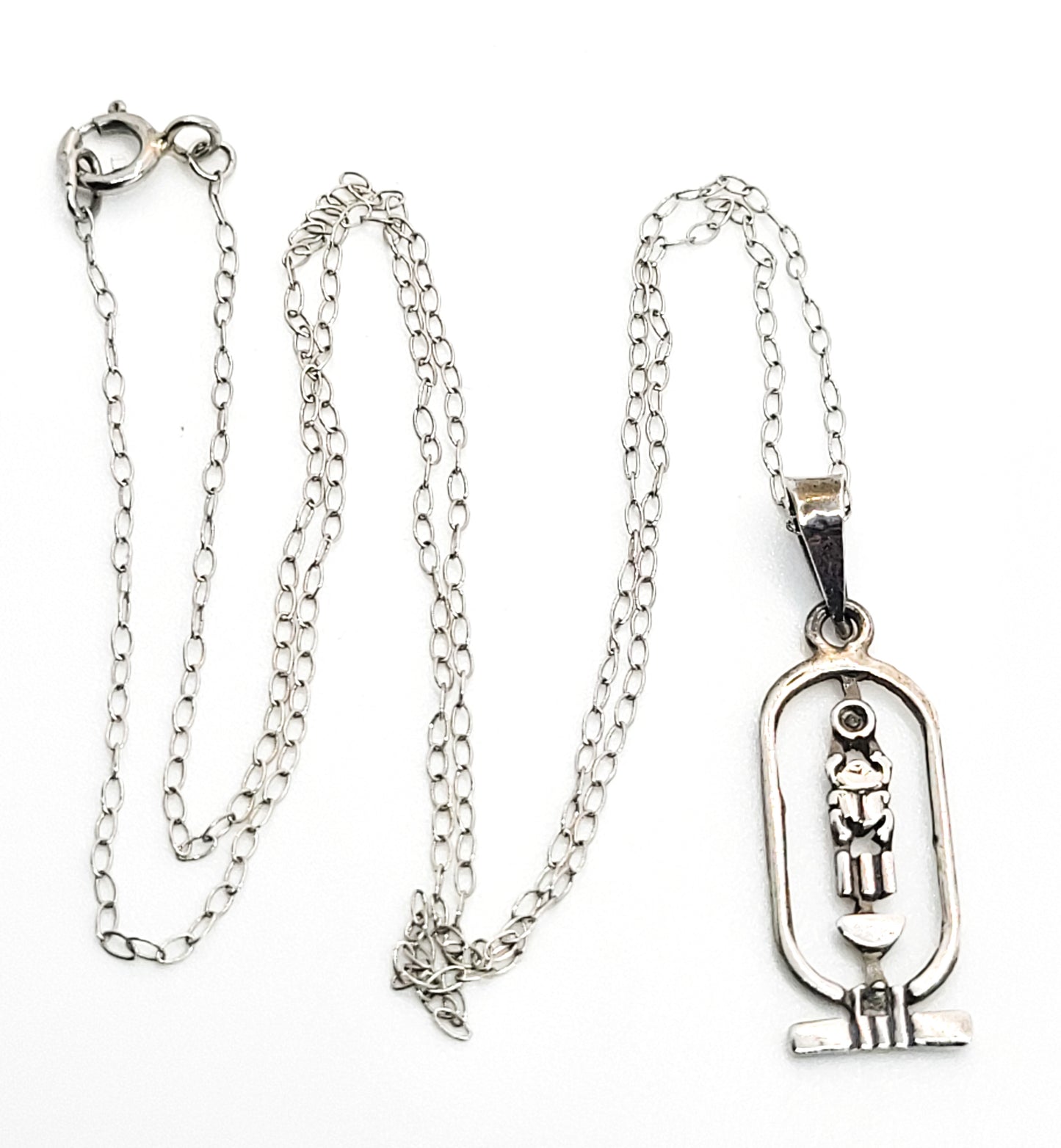 Egyptian cartouche Ra scarab open work sterling silver vintage pendant necklace