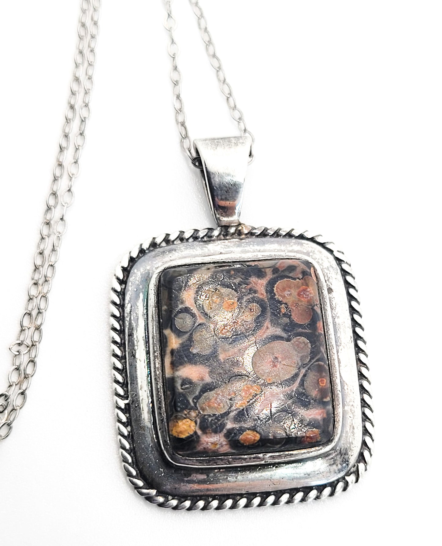PB Leopard Jasper gemstone signed modernist sterling silver pendant necklace
