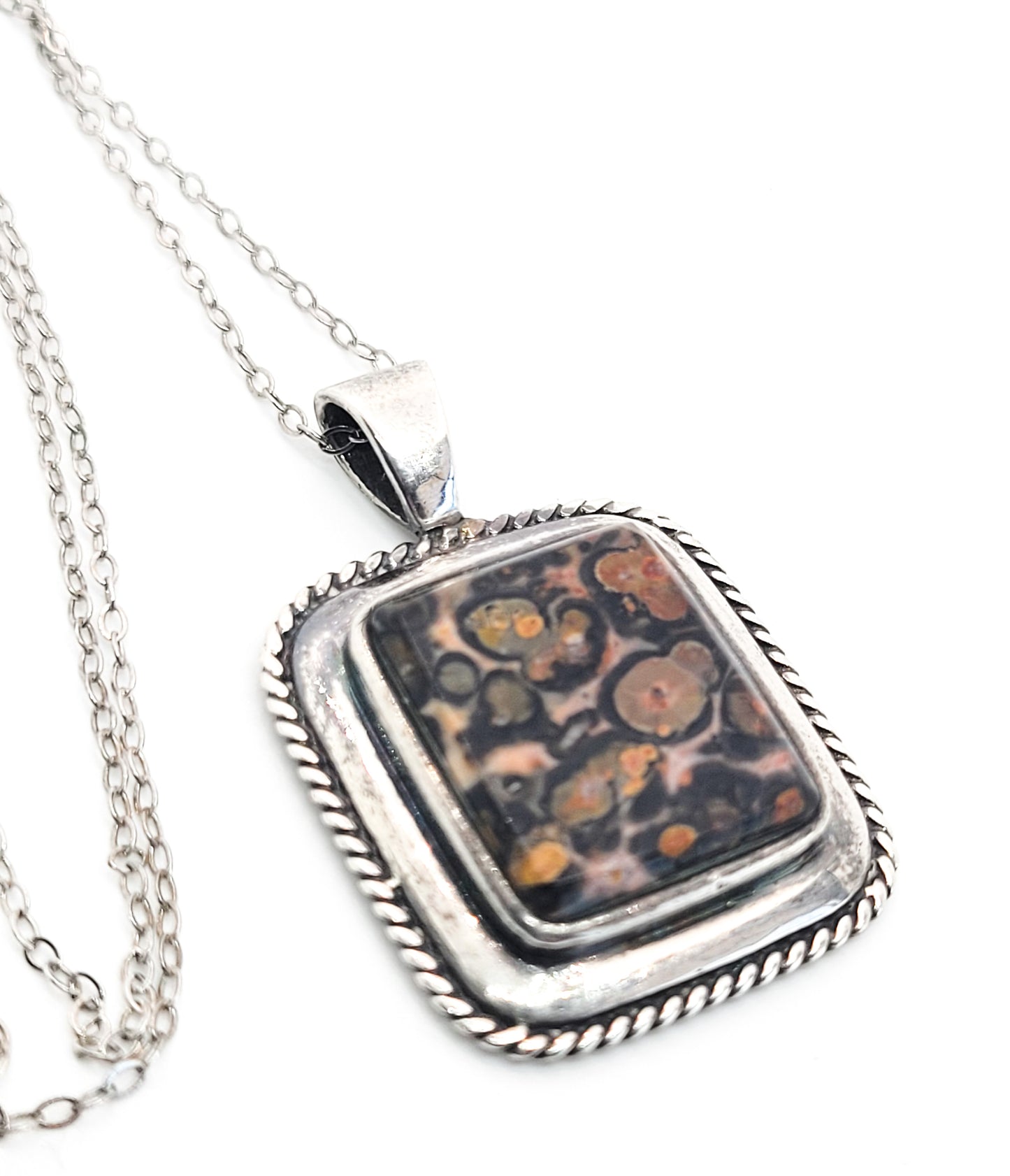 PB Leopard Jasper gemstone signed modernist sterling silver pendant necklace
