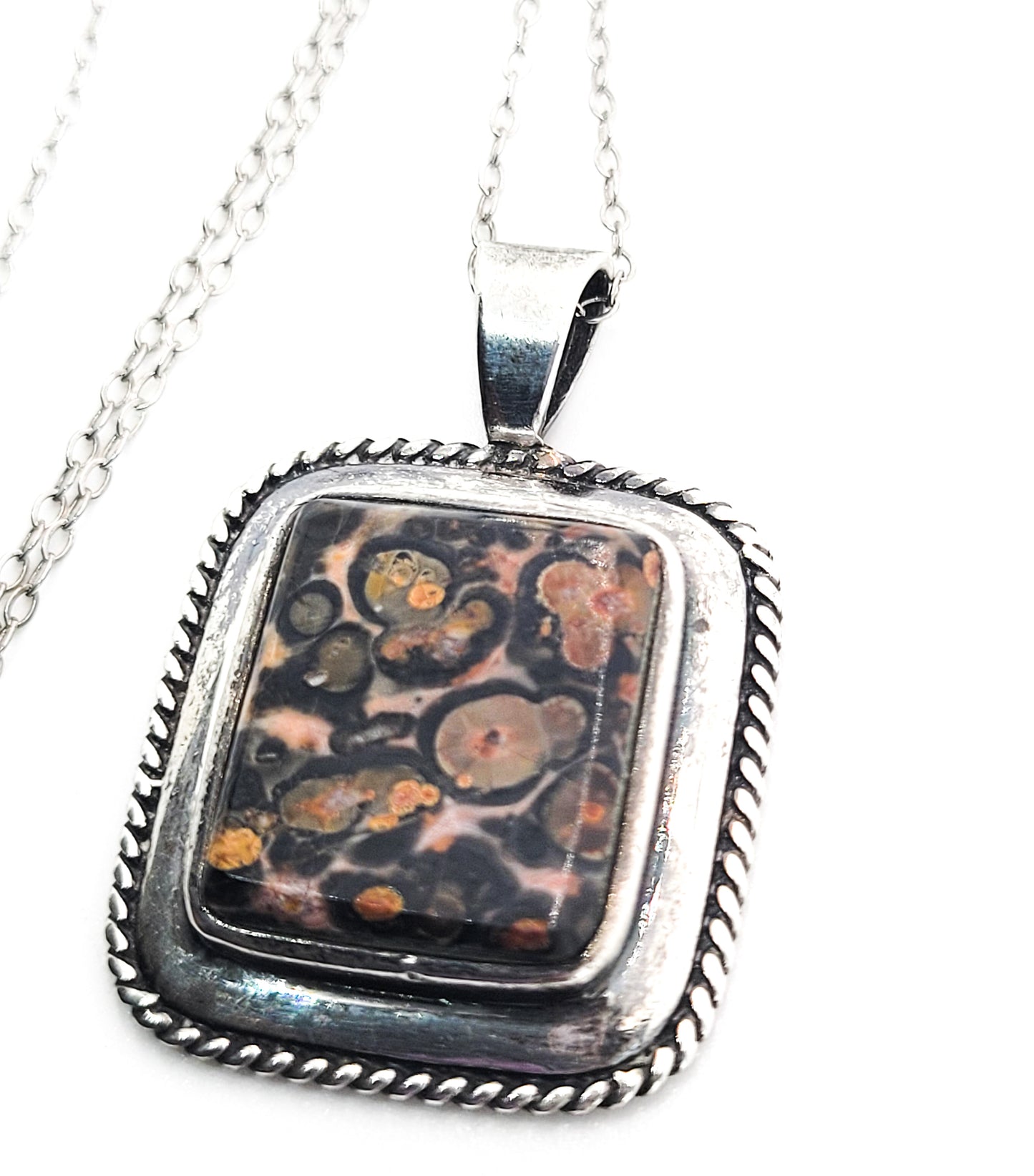 PB Leopard Jasper gemstone signed modernist sterling silver pendant necklace