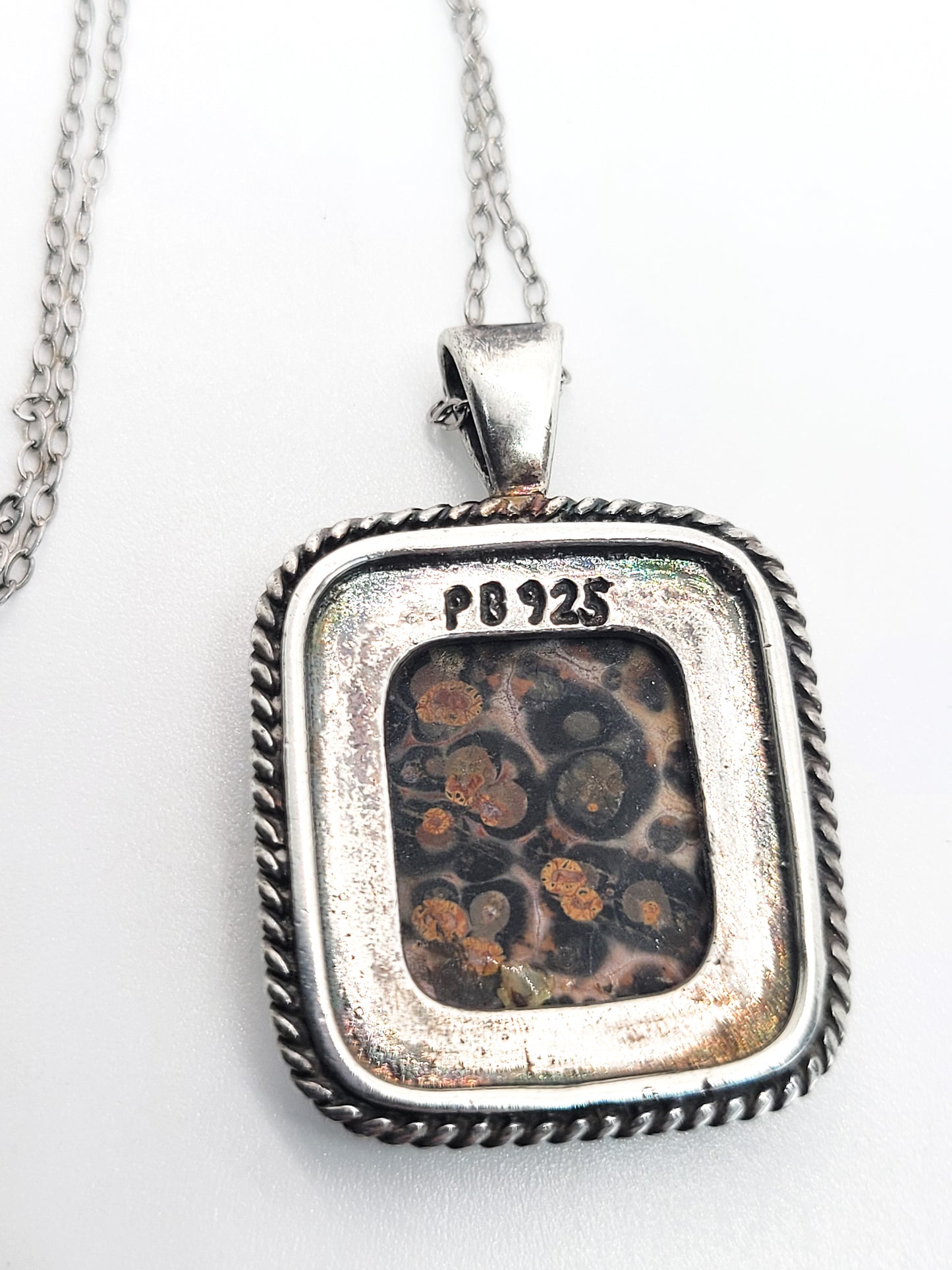 PB Leopard Jasper gemstone signed modernist sterling silver pendant necklace
