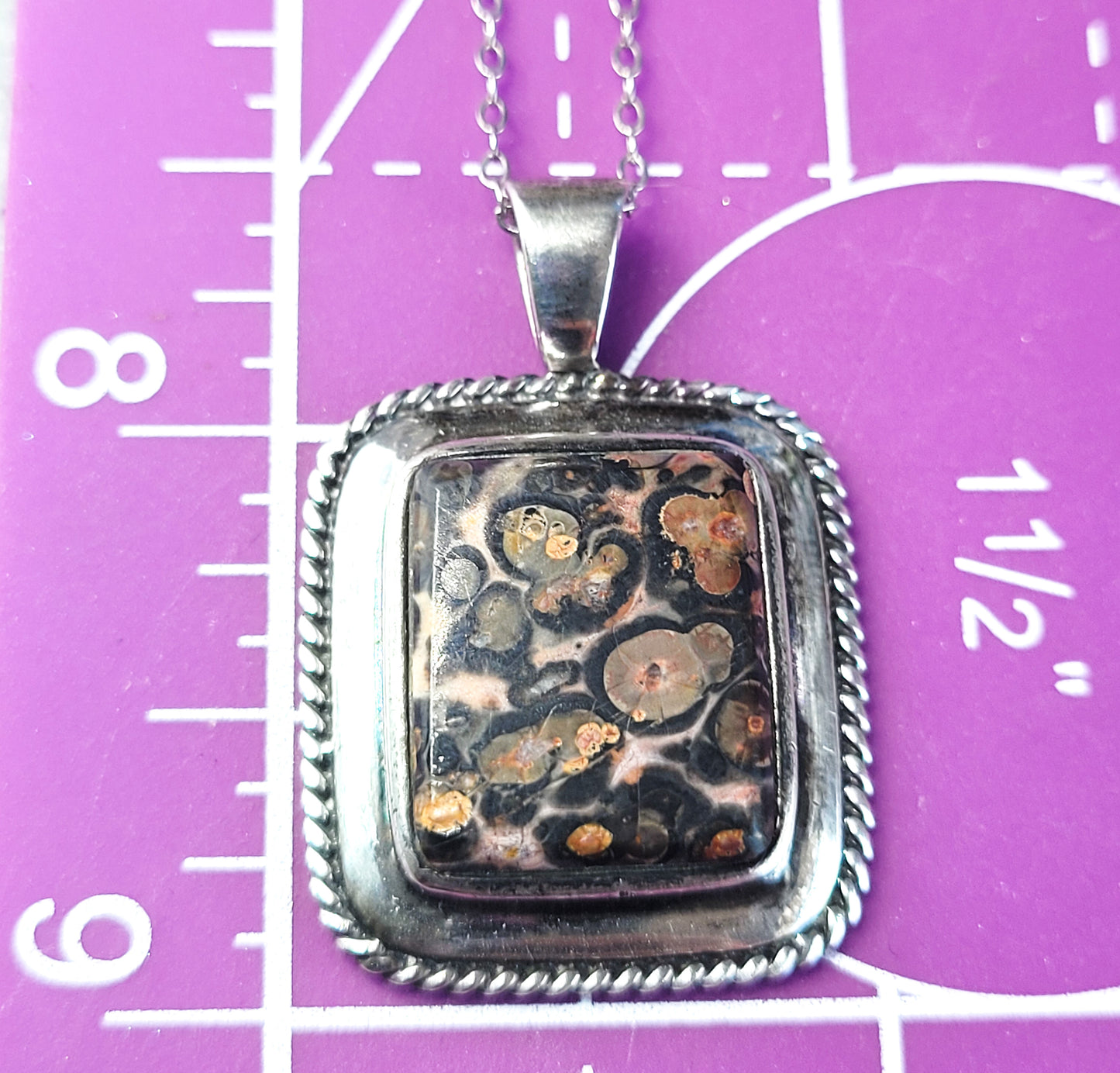 PB Leopard Jasper gemstone signed modernist sterling silver pendant necklace