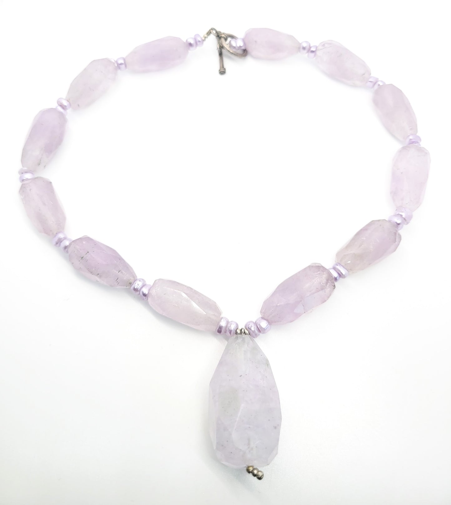Chunky Amethyst and lavender pearl artisan beaded sterling statement necklace