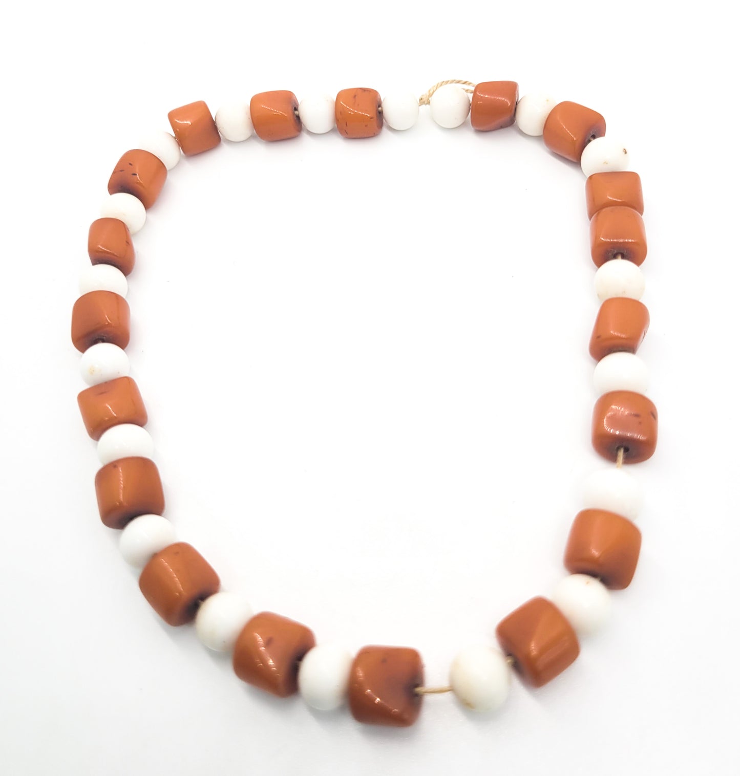Amber bakelite and white milk glass strand of vintage beads on silk
