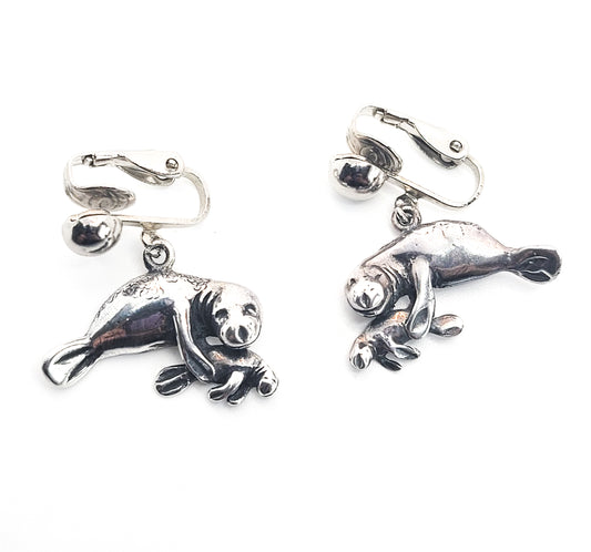 Mom and baby sterling silver vintage sea life clip on earrings