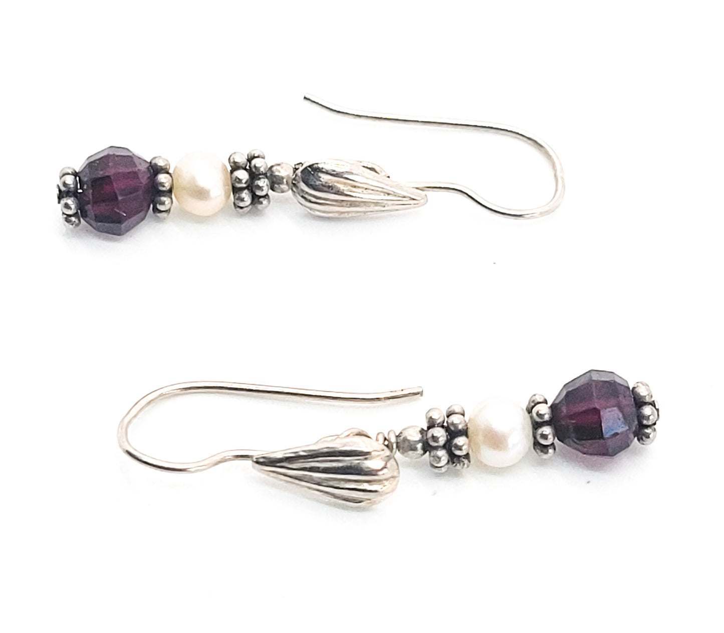 Seaside faux pearl sterling silver shell drop faceted red stone earrings