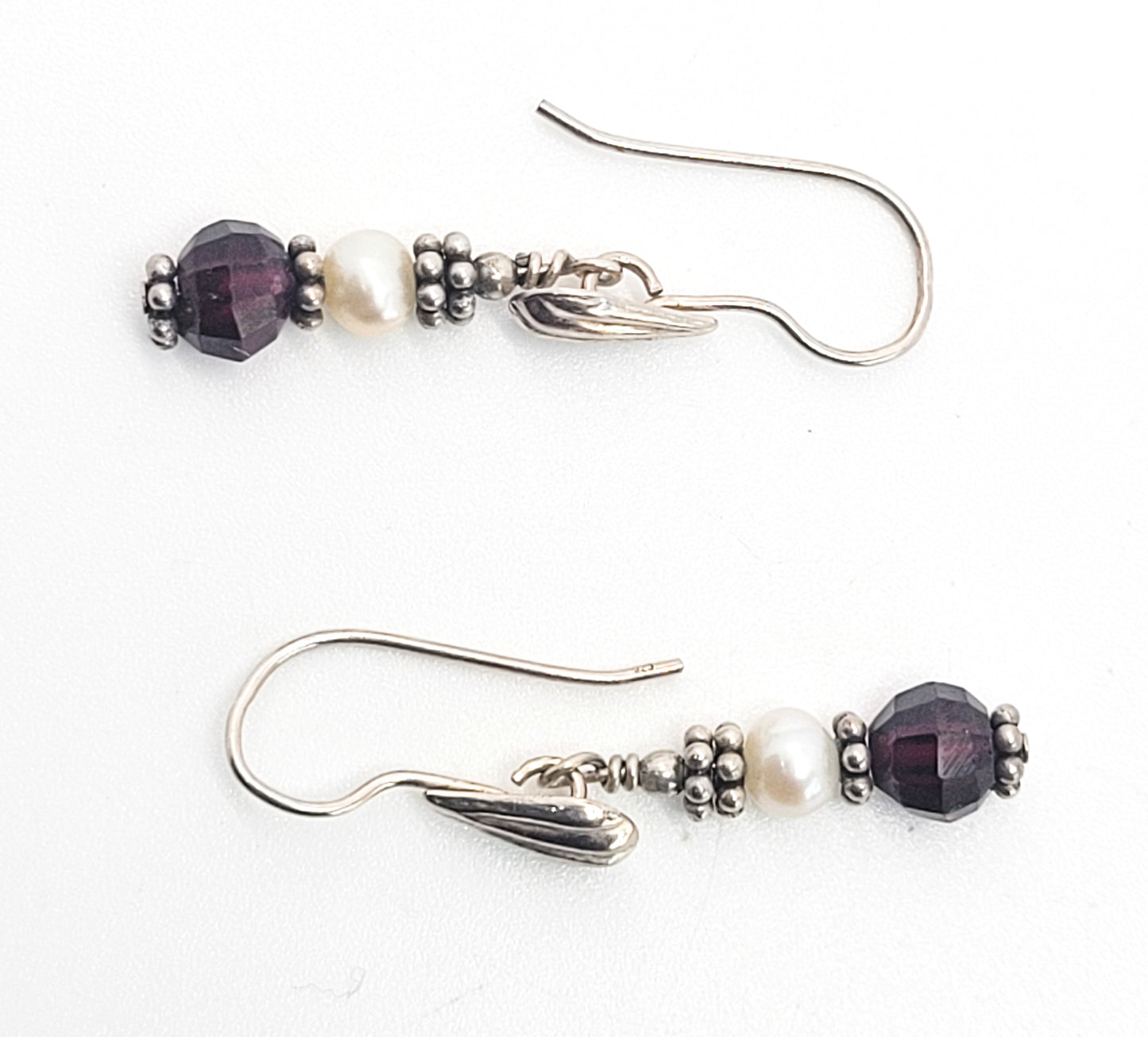 Seaside faux pearl sterling silver shell drop faceted red stone earrings