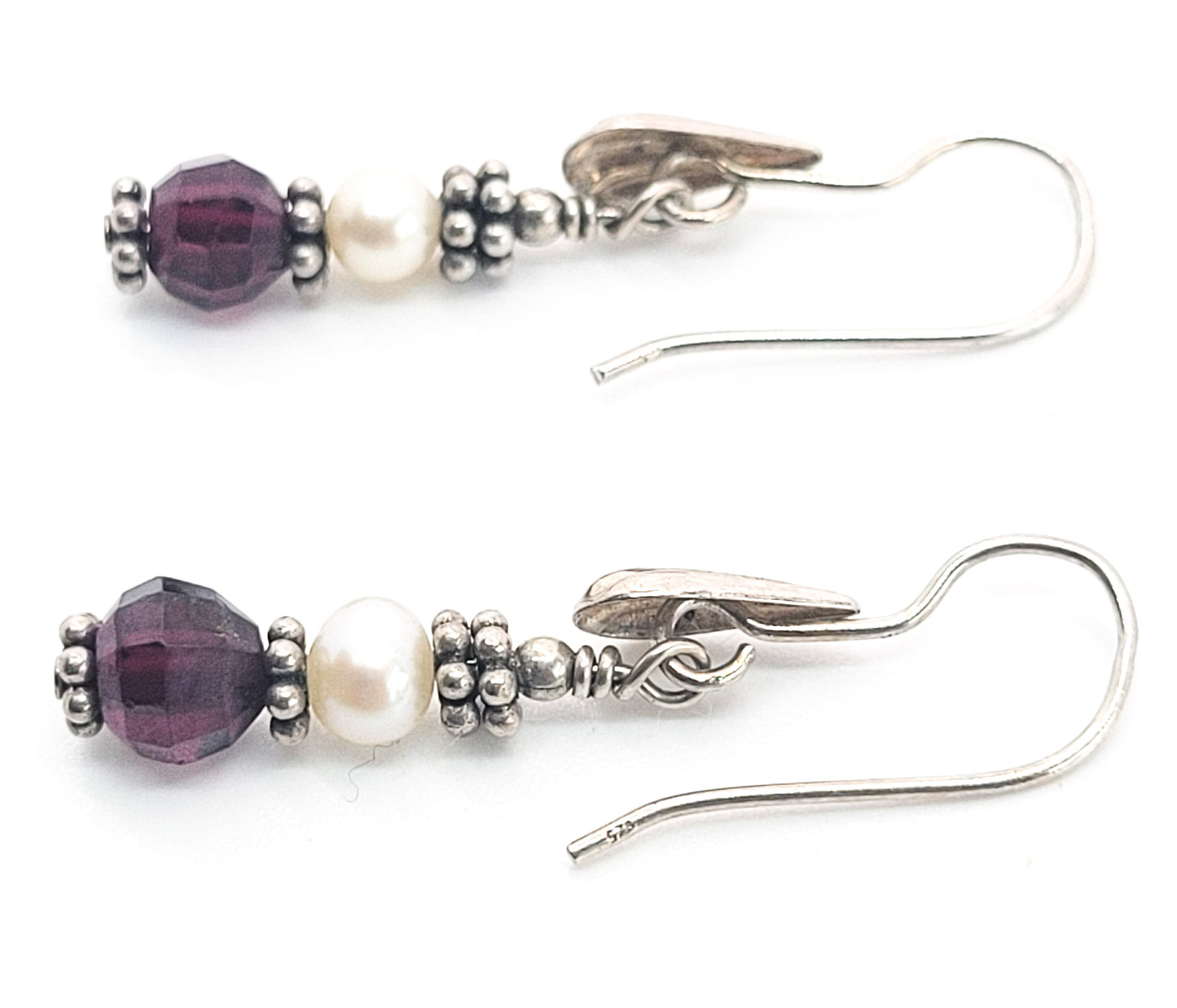 Seaside faux pearl sterling silver shell drop faceted red stone earrings