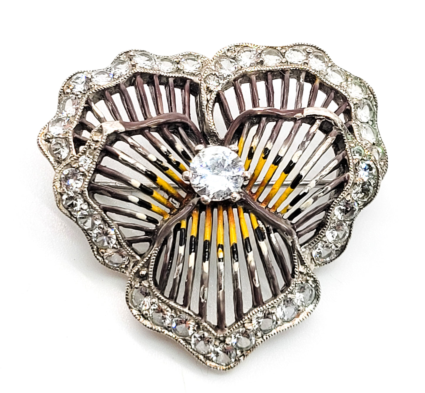 Pansy sterling silver enamel Rock Crystal quartz gemstone vintage brooch