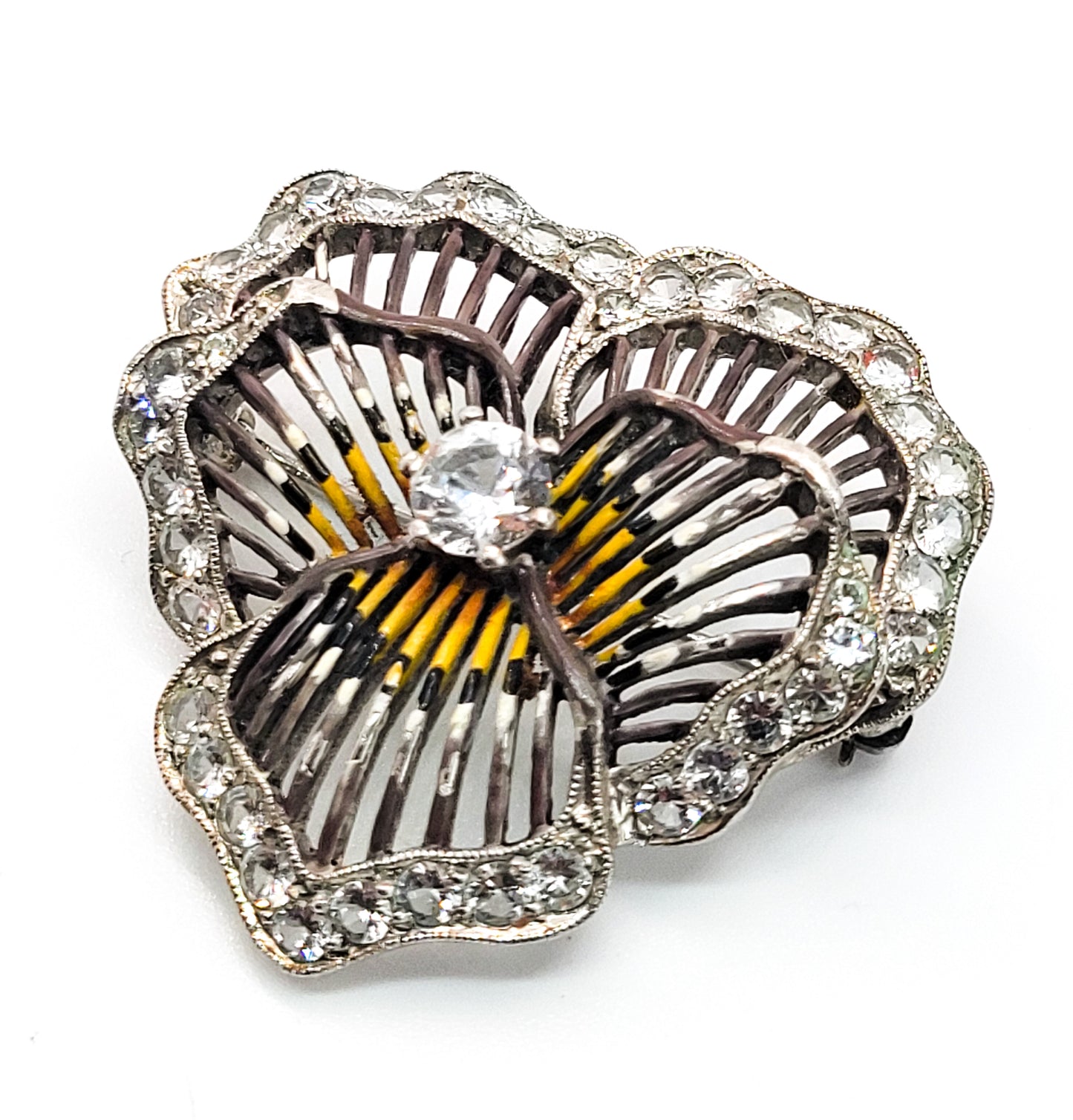 Pansy sterling silver enamel Rock Crystal quartz gemstone vintage brooch