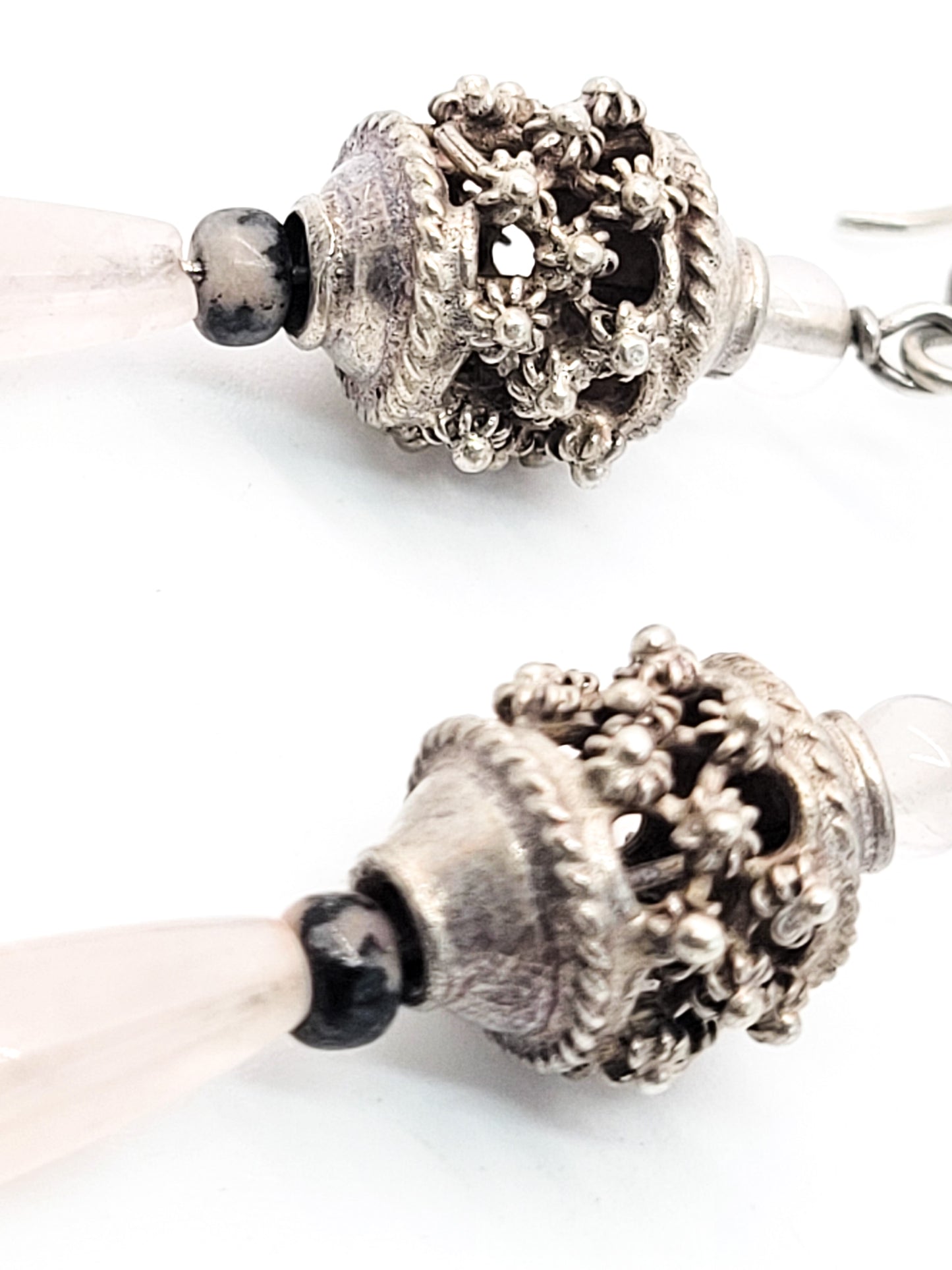 Rose Quartz sterling silver cantinelle tribal drop vintage gemstone earrings
