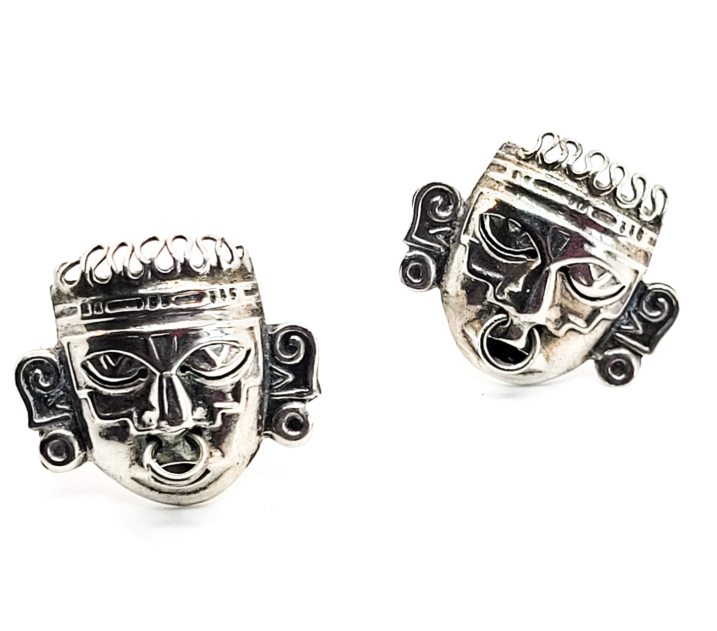 Aztec mask face vintage sterling silver made in Mexico cufflinks articulated nose ring