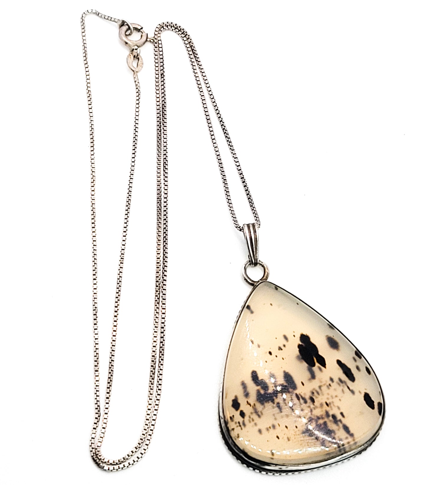 Dendritic agate pear cut sterling silver vintage pendant necklace