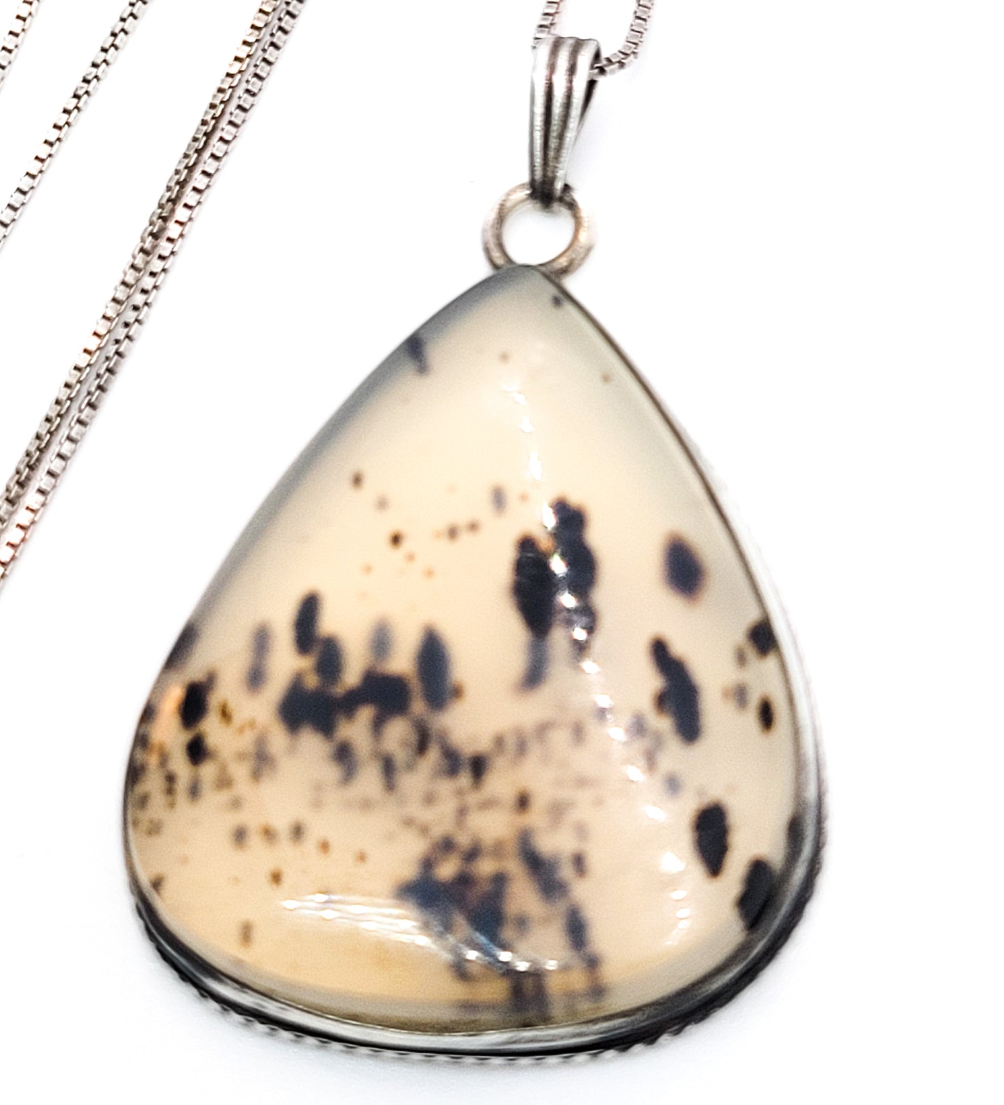 Dendritic agate pear cut sterling silver vintage pendant necklace