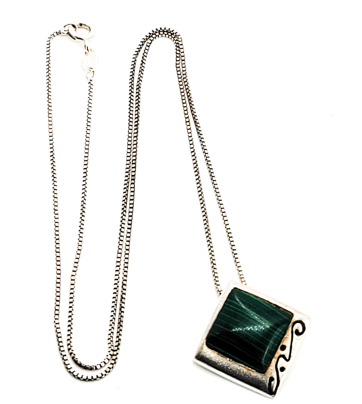 Banded Malachite green gemstone vintage sterling silver artisan pendant necklace