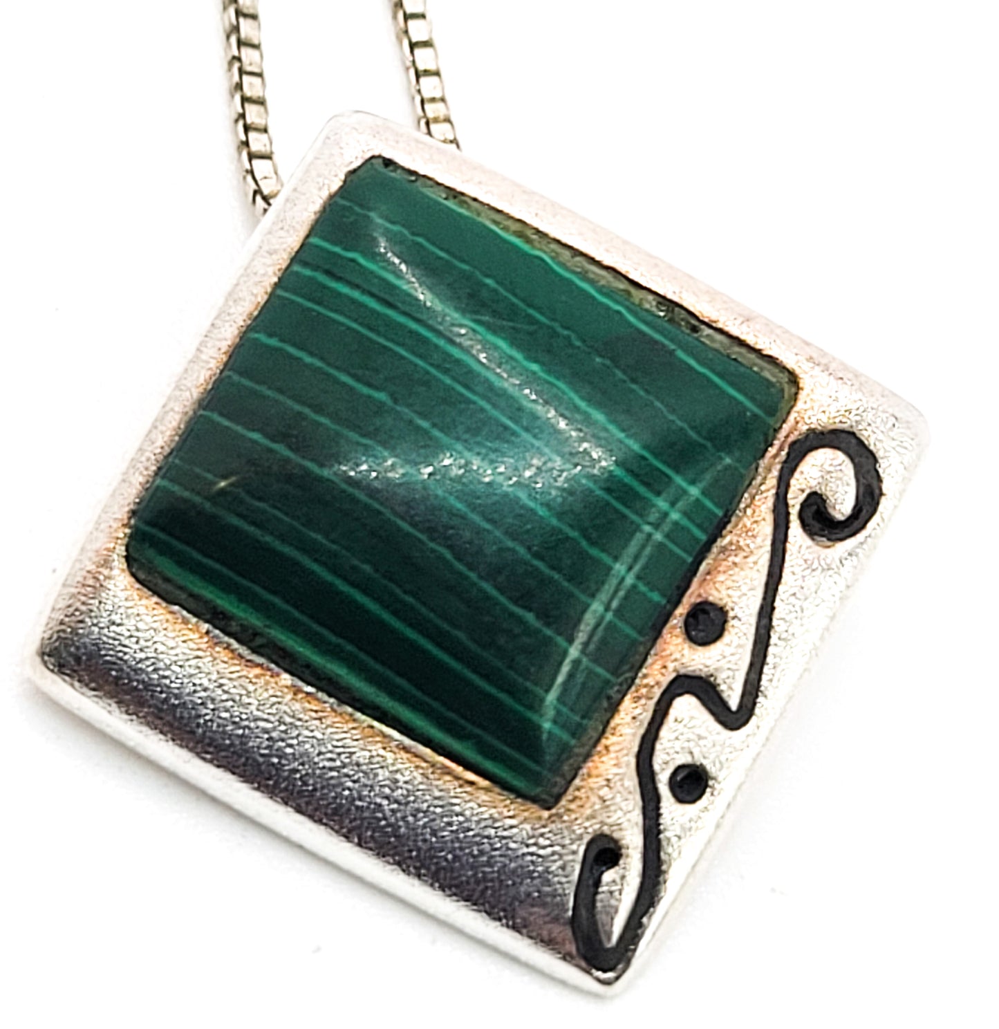 Banded Malachite green gemstone vintage sterling silver artisan pendant necklace