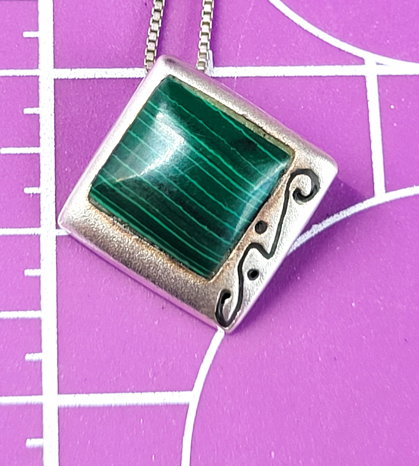 Banded Malachite green gemstone vintage sterling silver artisan pendant necklace