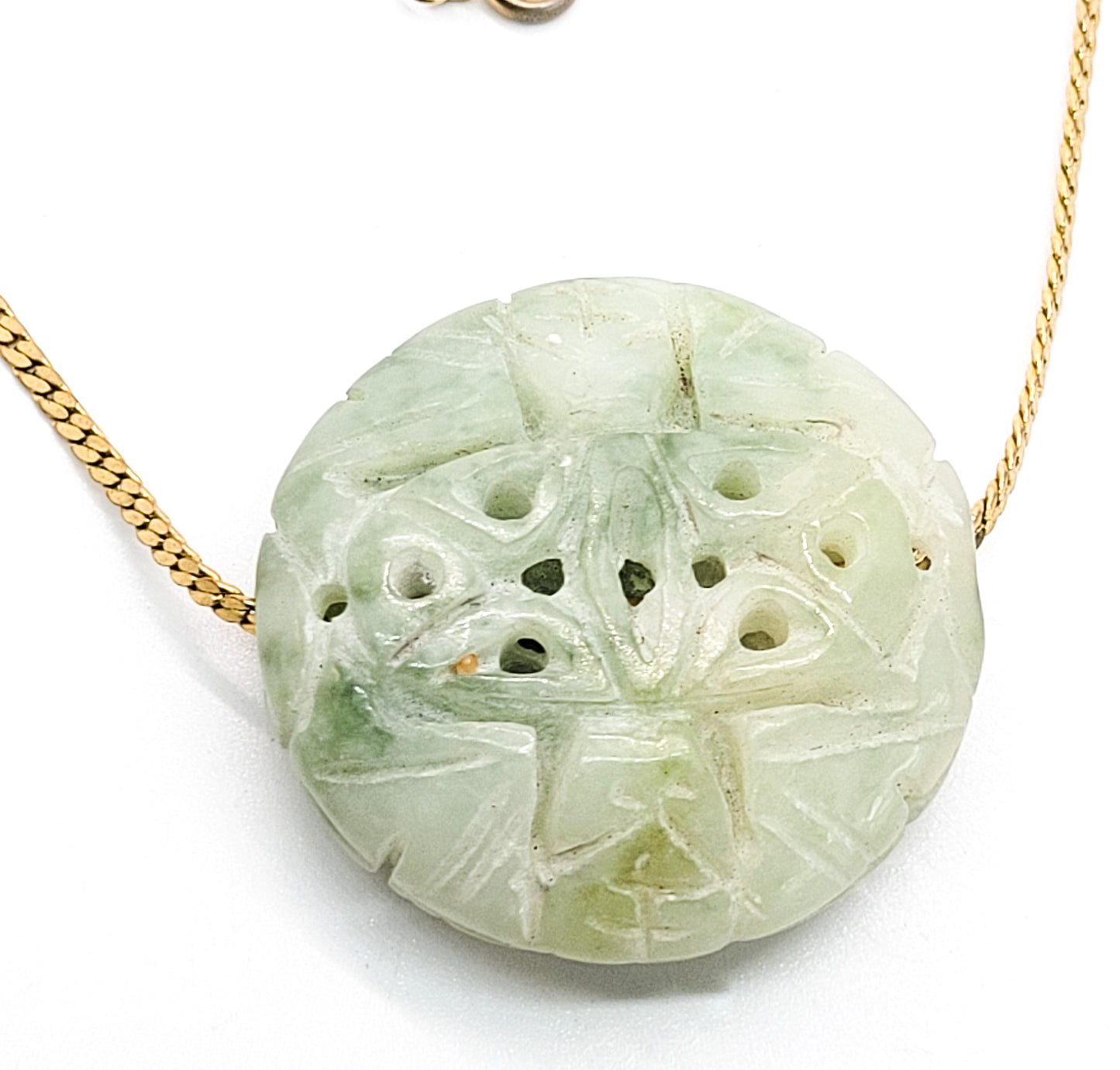 Light green Carved Nephrite Jade vintage slider pendant on gold toned necklace