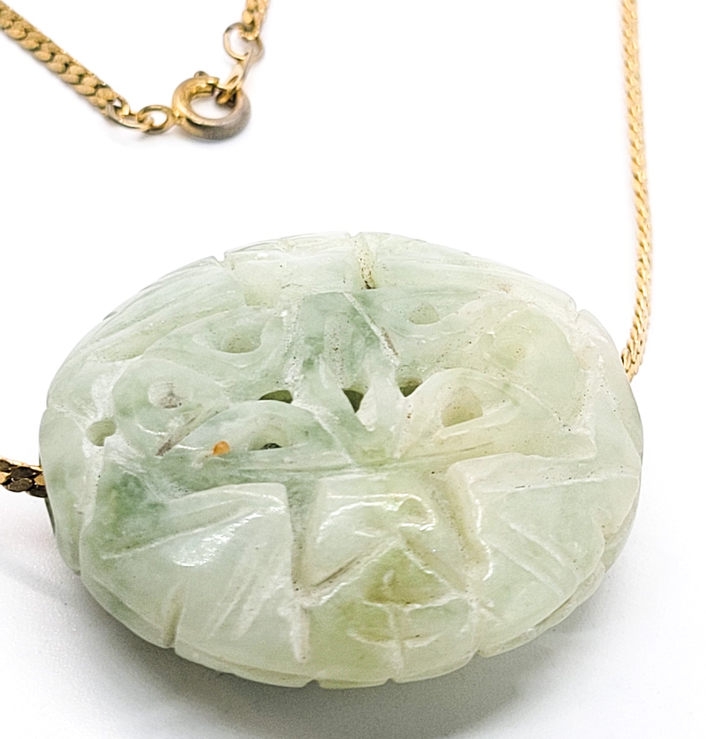 Light green Carved Nephrite Jade vintage slider pendant on gold toned necklace